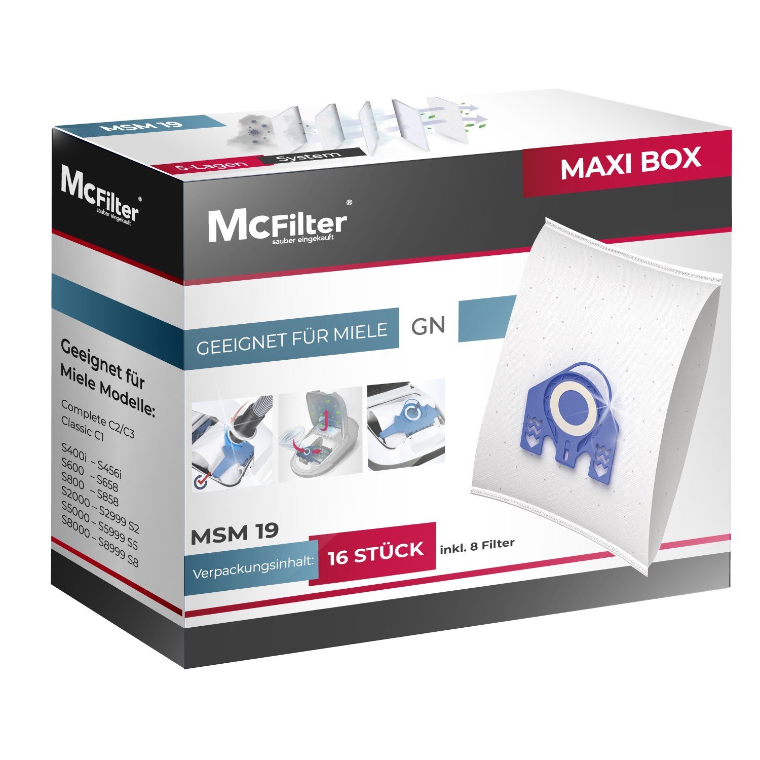 McFilter Staubsaugerbeutel >MAXI BOX< (16+8), passend für Miele Complete C3 Serie Staubsauger, inkl. 8 Filter, 16 St., Top Alternative zu 9917730, wie Miele 10408410