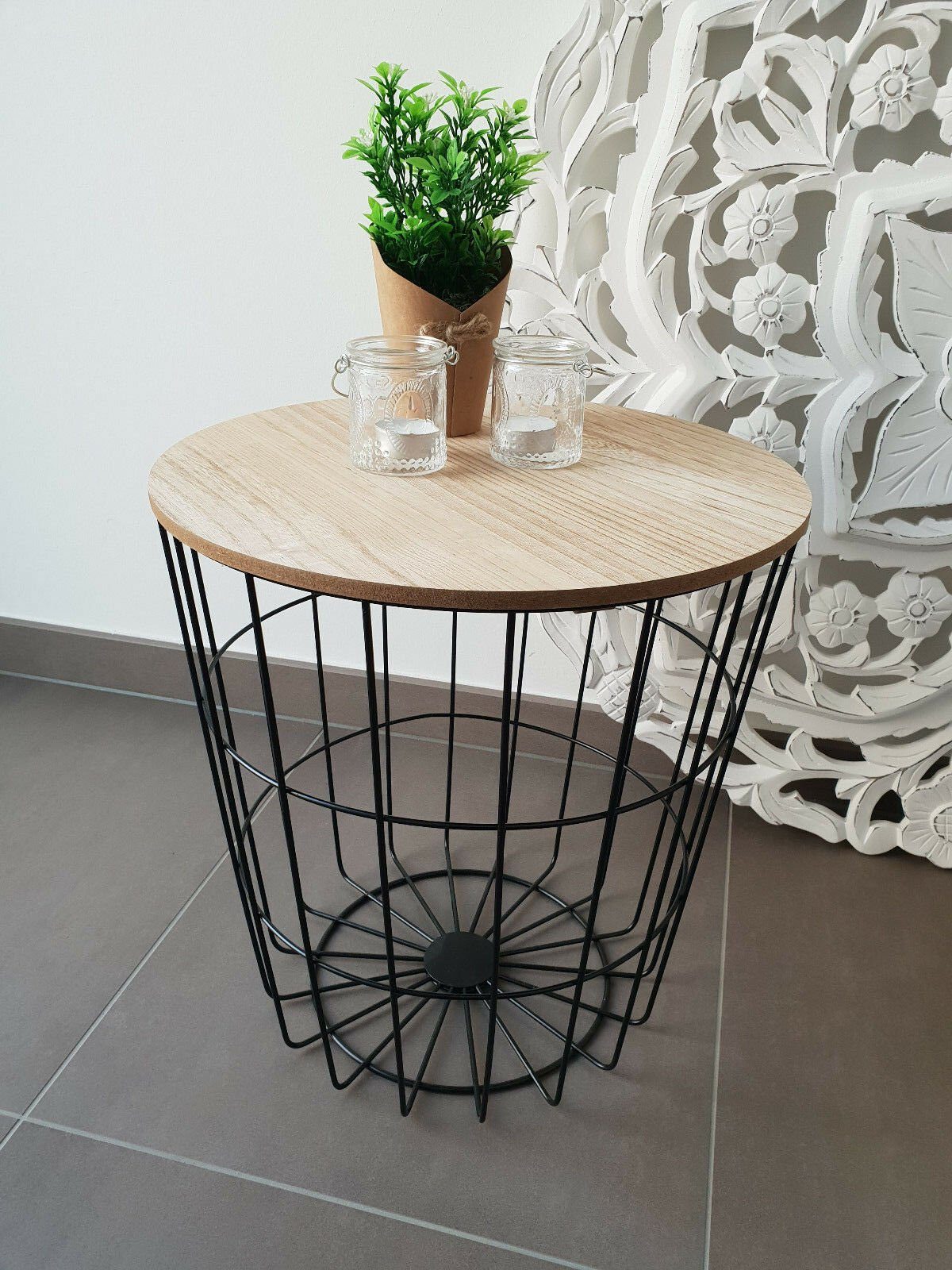 Meinposten Beistelltisch Tisch mit Stauraum Ø 39 cm H 41 cm Metall Holz Nac günstig online kaufen