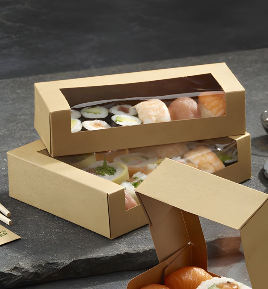 PAPSTAR Einwegschale Sushi-Schalen, Pappe eckig 4,5 cm x 19,5 cm x 14 cm braun 100 Stk, Pappe, PLA-beschichtet / PLA