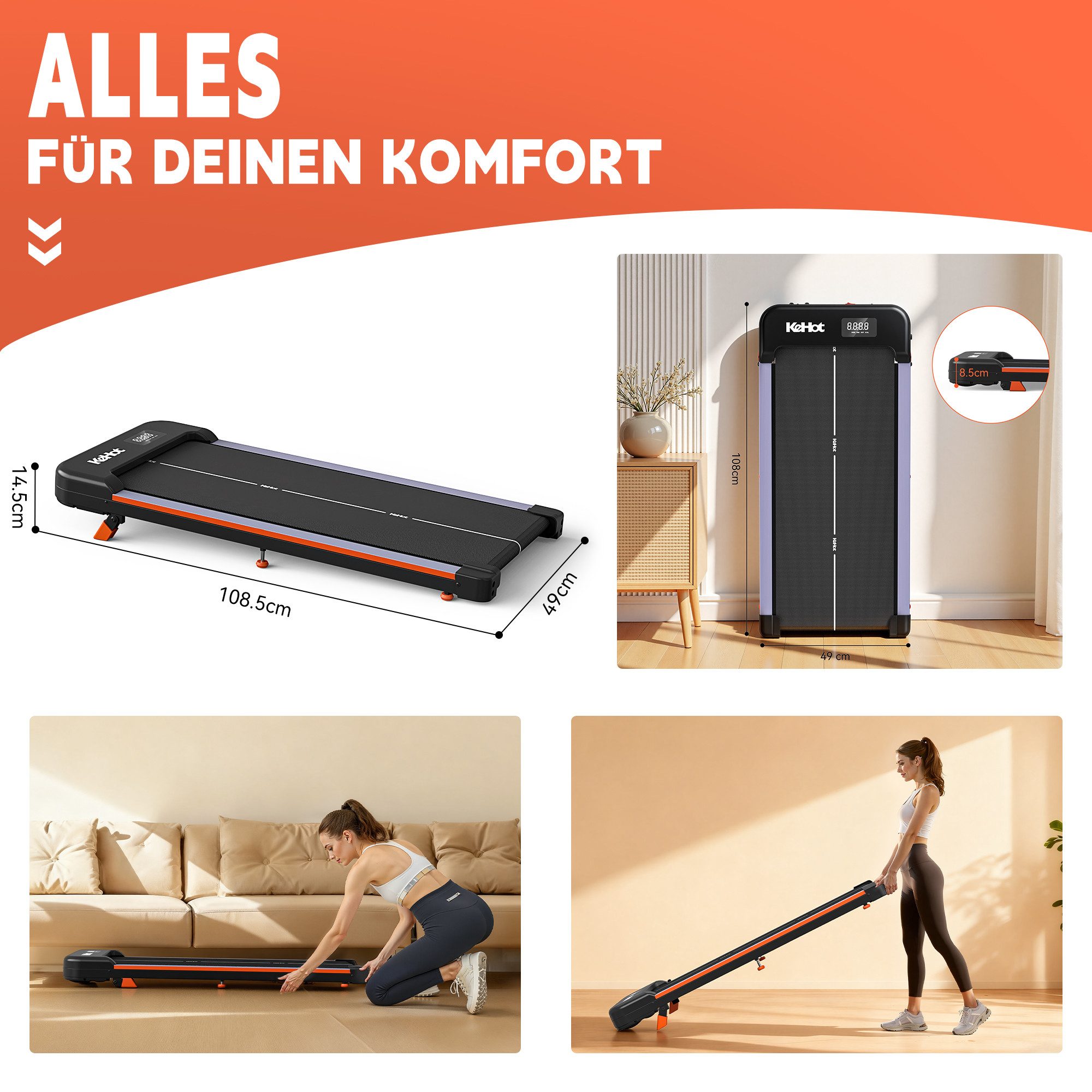 kehot Laufband Laufband für Zuhause, 2,5 PS Walking Pad 1–6 km/h Leise, Kompakt (Walking Pad mit 9% manuelle Steigung, Bluetooth, LED & Fernbedienung, Platzsparendes Walking Pad, 38x94 cm, bis 100 kg belastbar), Unter Schreibtisch Laufband, ideal für Homeoffice & Büro