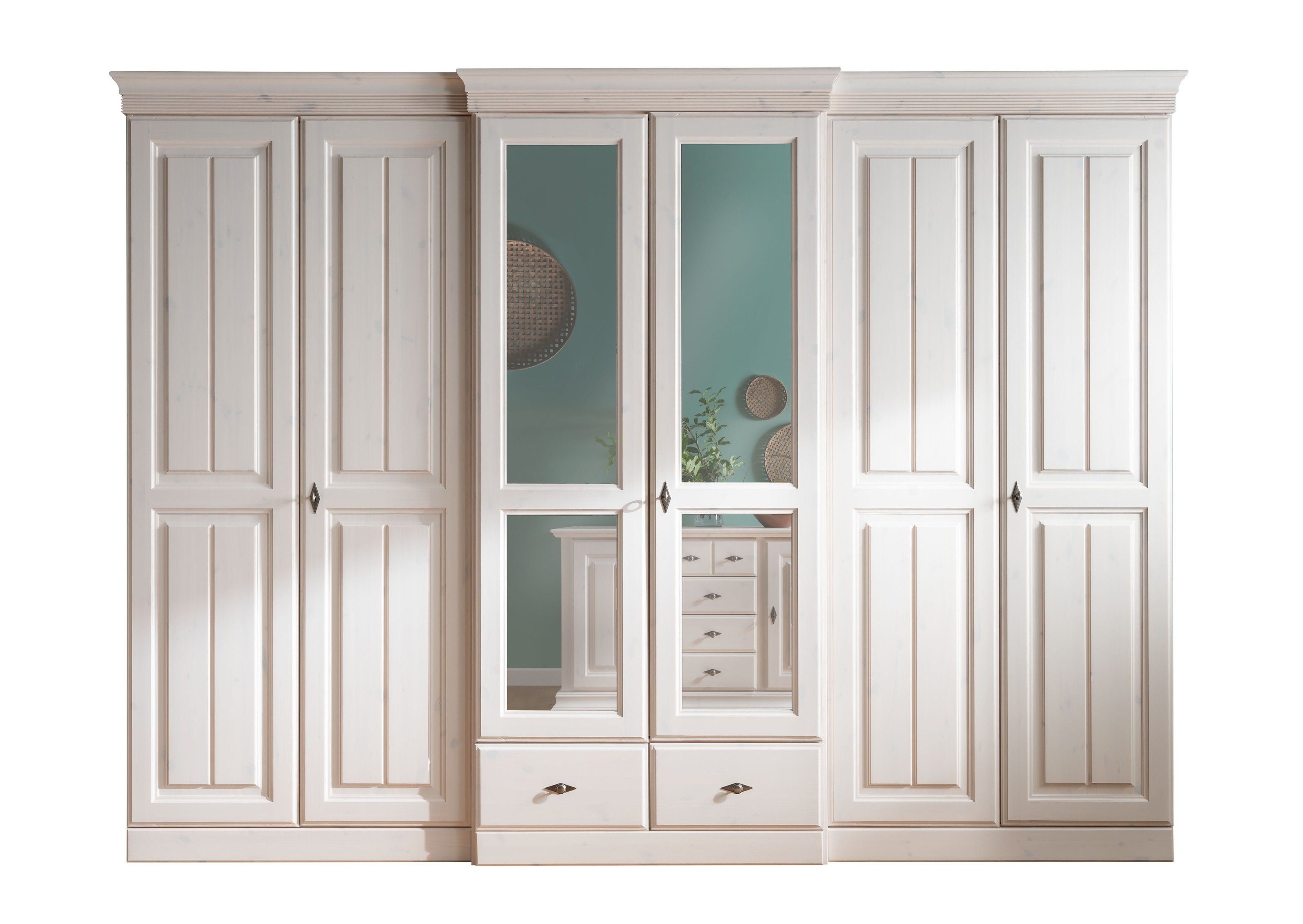 möbelando Kleiderschrank SZ-0111 (BxHxT: 312x228,5x67,5 cm) aus Kiefernholz gewachst in weiß mit 2 Schubladen und 6 Türen