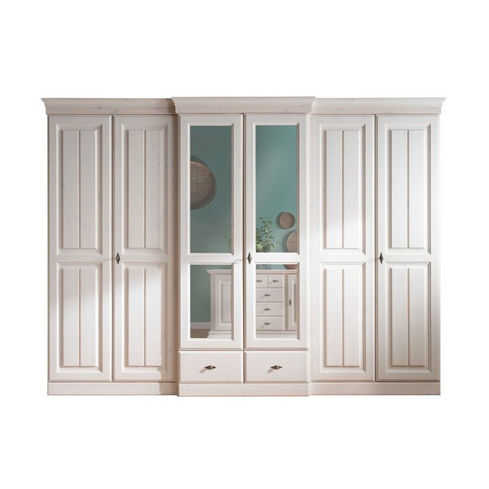 möbelando Kleiderschrank SZ-0111 aus Kiefernholz gewachst in weiß mit 2 Schubladen und 6 Türen. Abmessungen (BxHxT) 312x228 5x67 5 cm