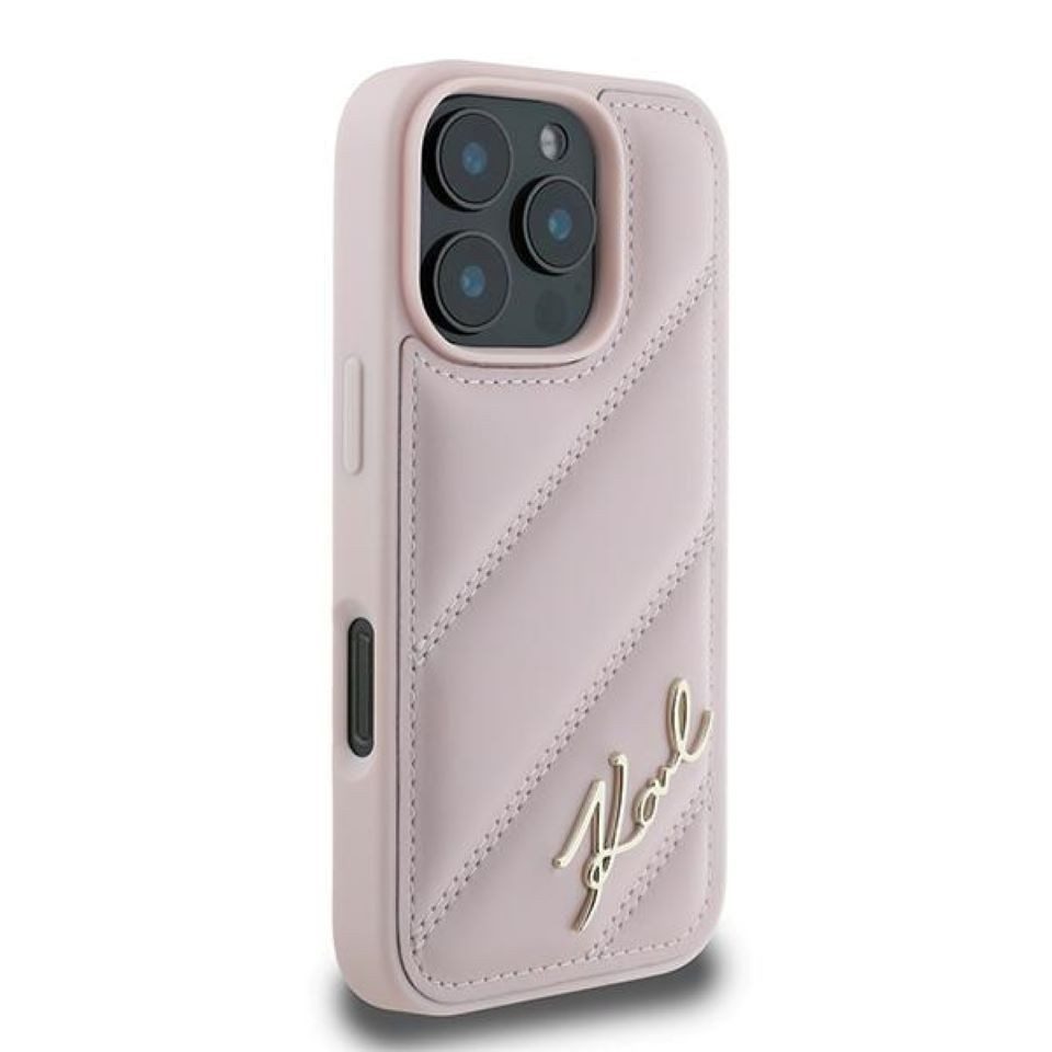 KARL LAGERFELD Handyhülle iPhone 16 Pro Max Kunstleder rosa Logo goldfarbig 6,9 Zoll, Kantenschutz