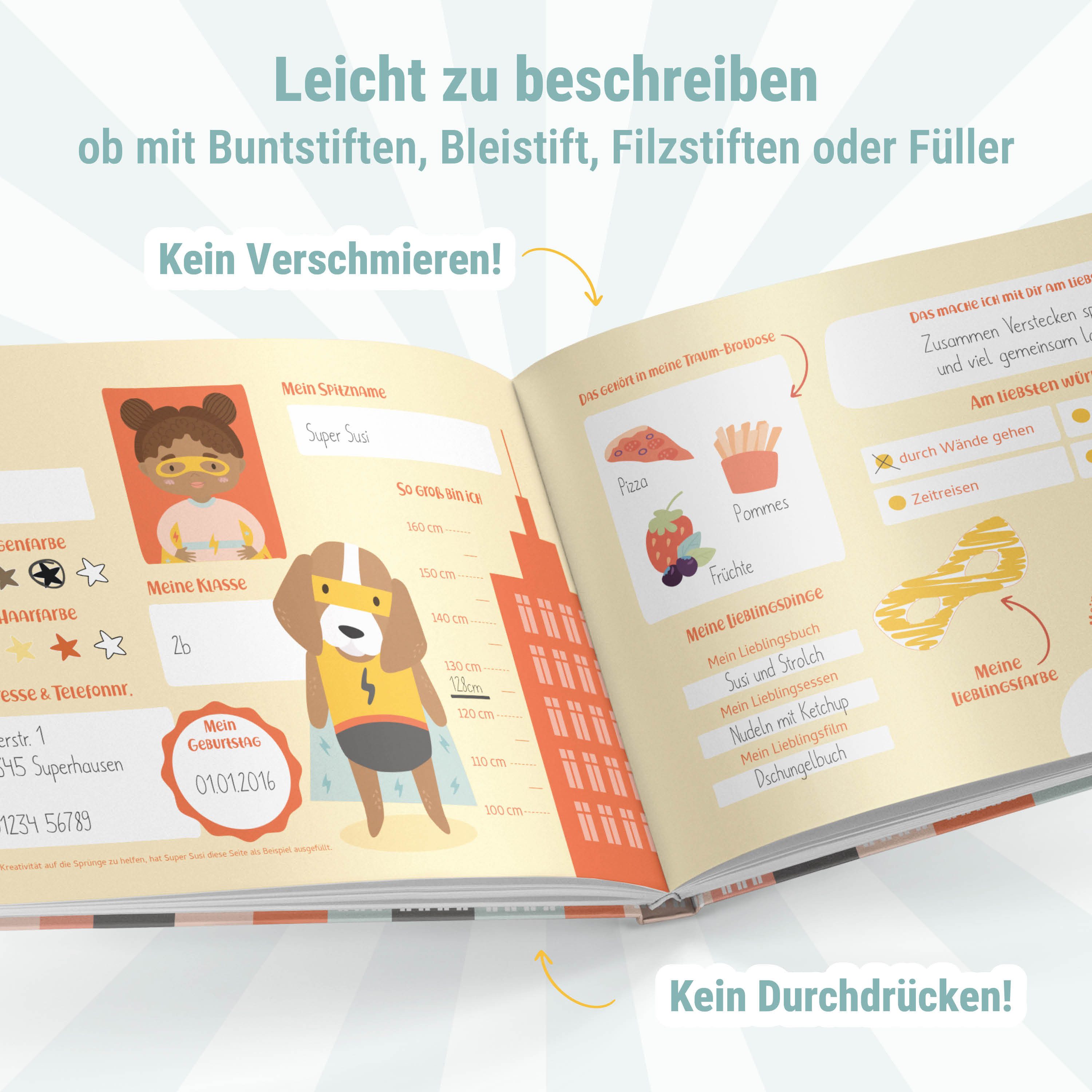 Amari Freundebuch Schulfreunde Superhelden, Grundschule Hardcover, Platz für 24 Freunde, Geschenk zur Einschulung für Jungen & Mädchen ab 6, Schultüte – Bild 5 von 5