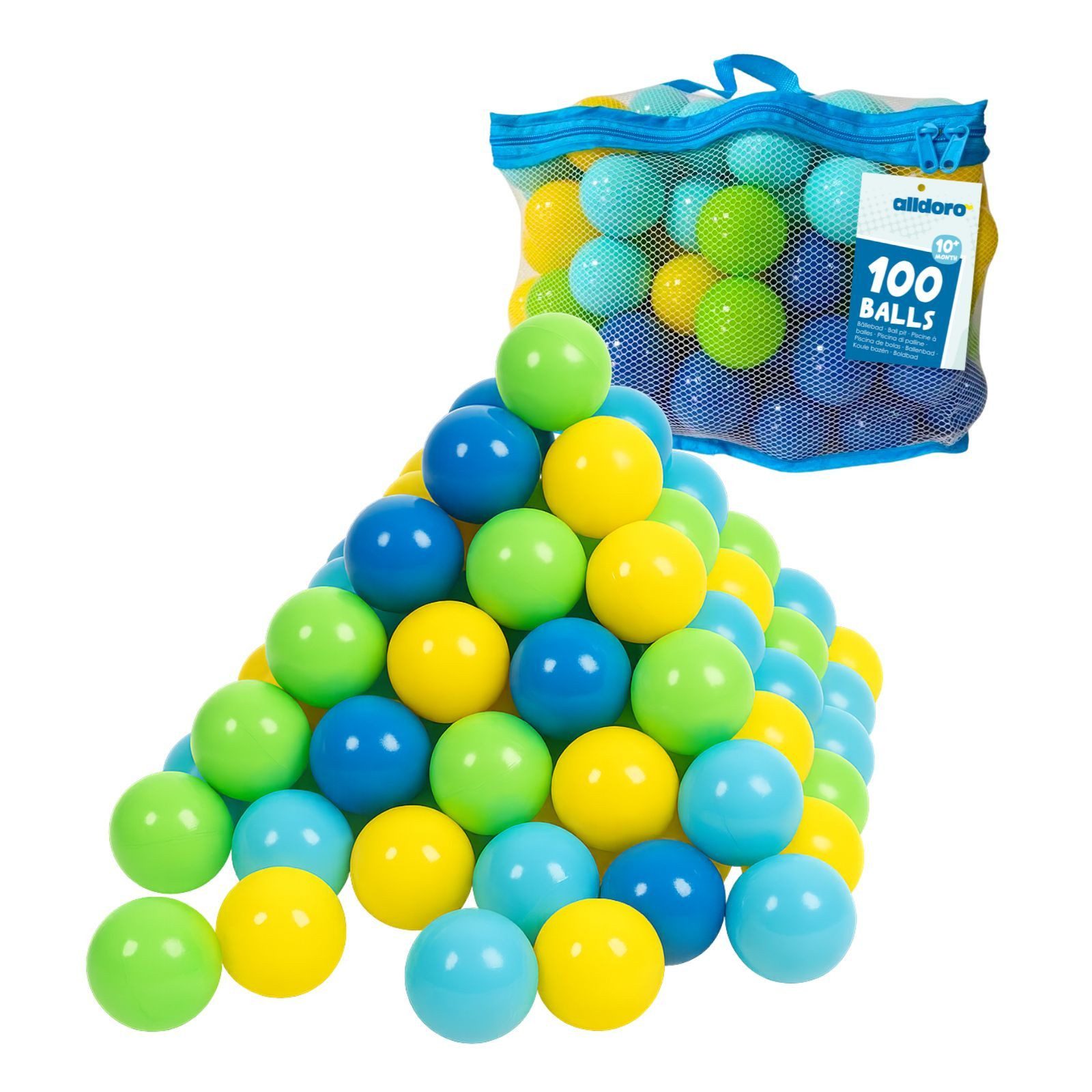 alldoro Мячиbad-Bälle 100 bunte Мячи Ø 6 cm mit Tragetasche für Мячиbad, Spielzelt & Pool, Игровые мячи aus ungiftigem PE-Kunststoff, in Grün, Gelb, Blau & Türkis