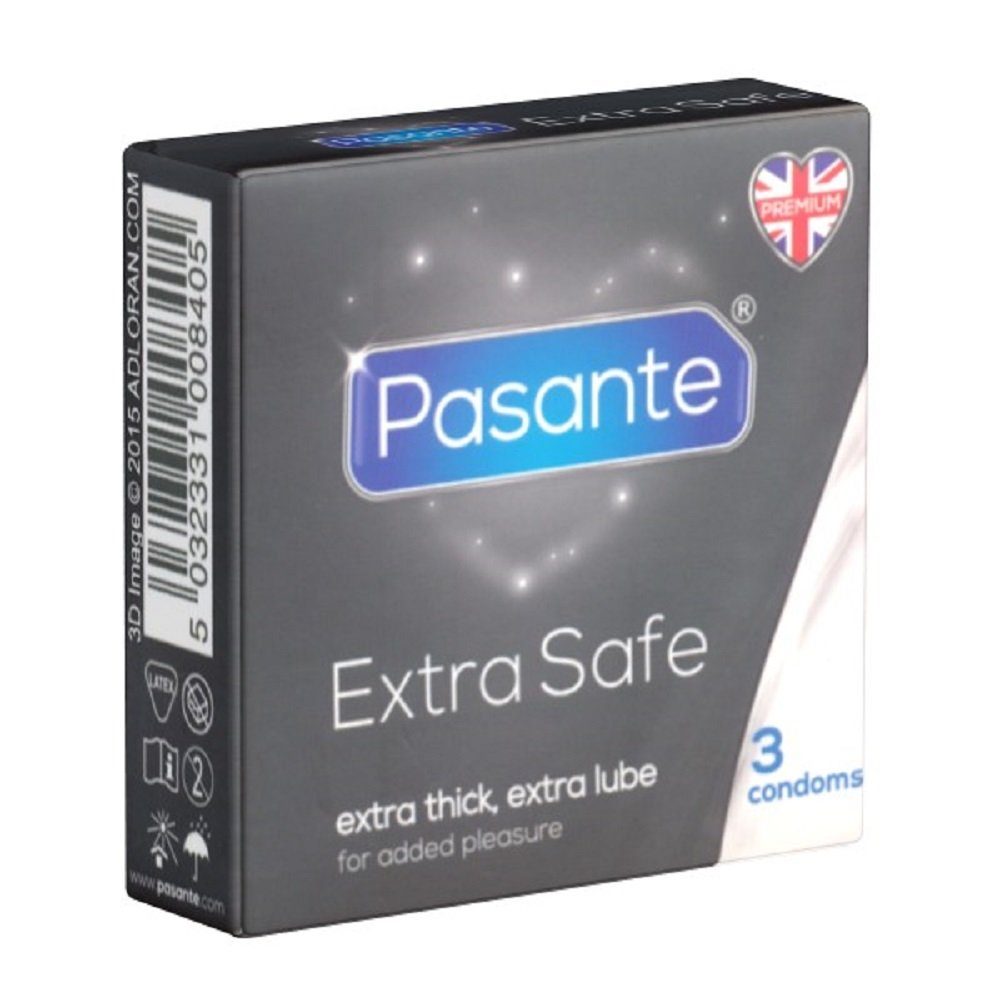 Pasante Kondome Pasante «Extra Safe» extra starke Kondome für härtere Beanspruchungen Packung mit, 3 St., extra feuchte Analkondome aus Latex, Kondome mit besonders extra dicker Wandstärke, ideal für Analverkehr
