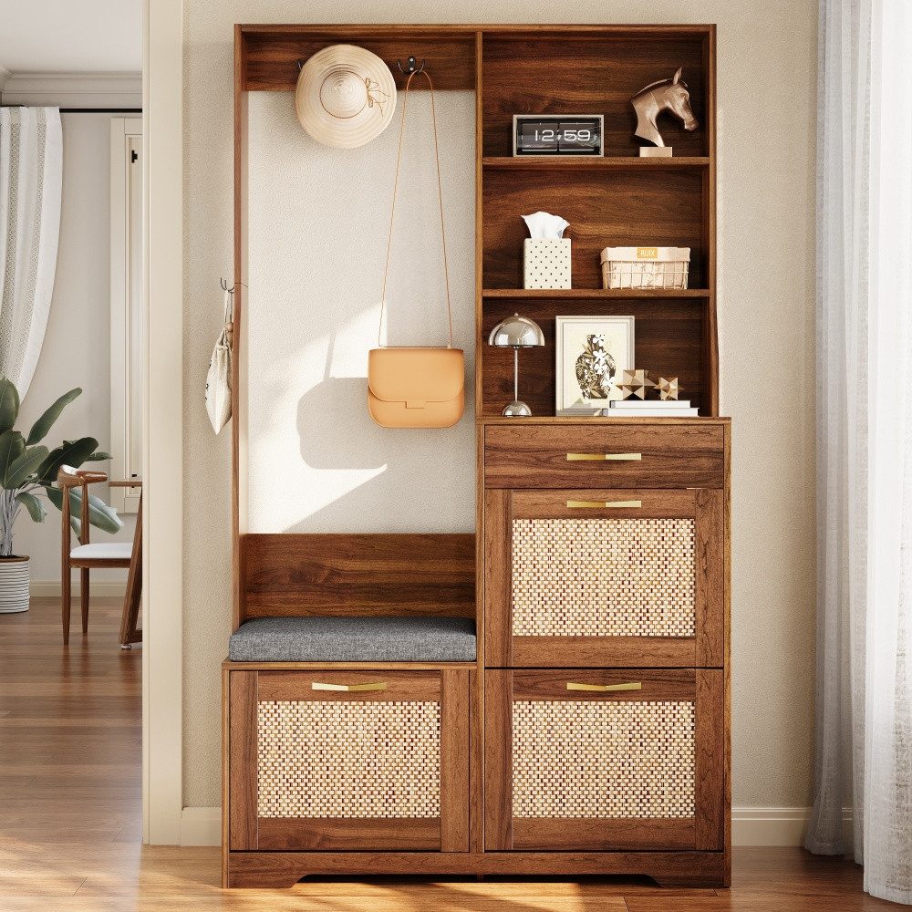 BBWL Garderobenschrank mit Sitzbank, Schuhschrank mit 3 Klappen, Kleiderhaken und Stauraum Garderobenschrank Flurgarderobe, Rattan Front, aus MDF