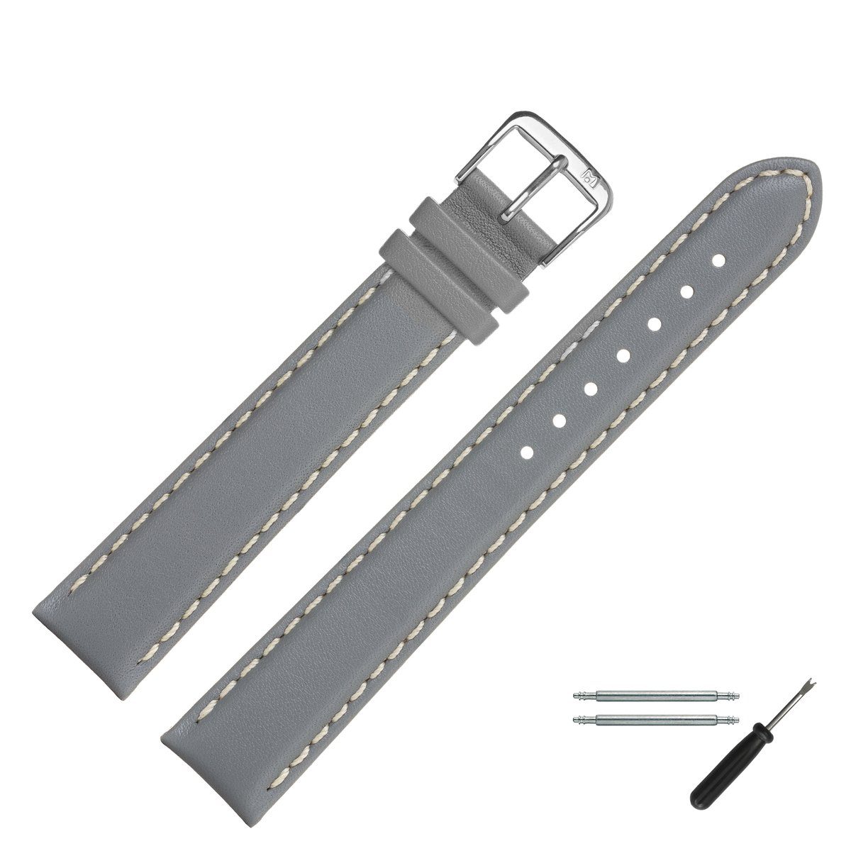 MARBURGER Uhrenarmband 22mm Leder XL extra lang Grau/Silber