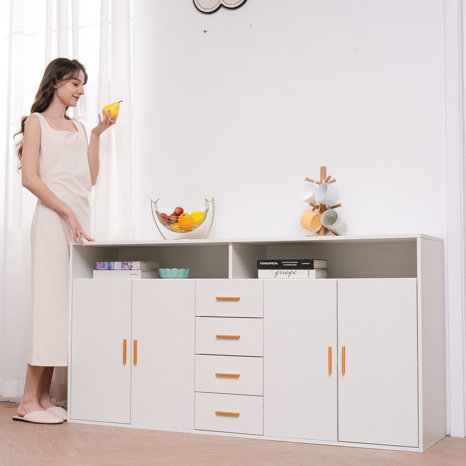 HOMAVO Sideboard - Kommode, Schrank, Kredenz, Viel Stauraum mit Einlegeböden (FSC®, viel Stauraum, pflegeleicht), mit 4 Schubladen, 2 Türen & offenen Fächern –160 x 81 x 40 cm (BxHxT)
