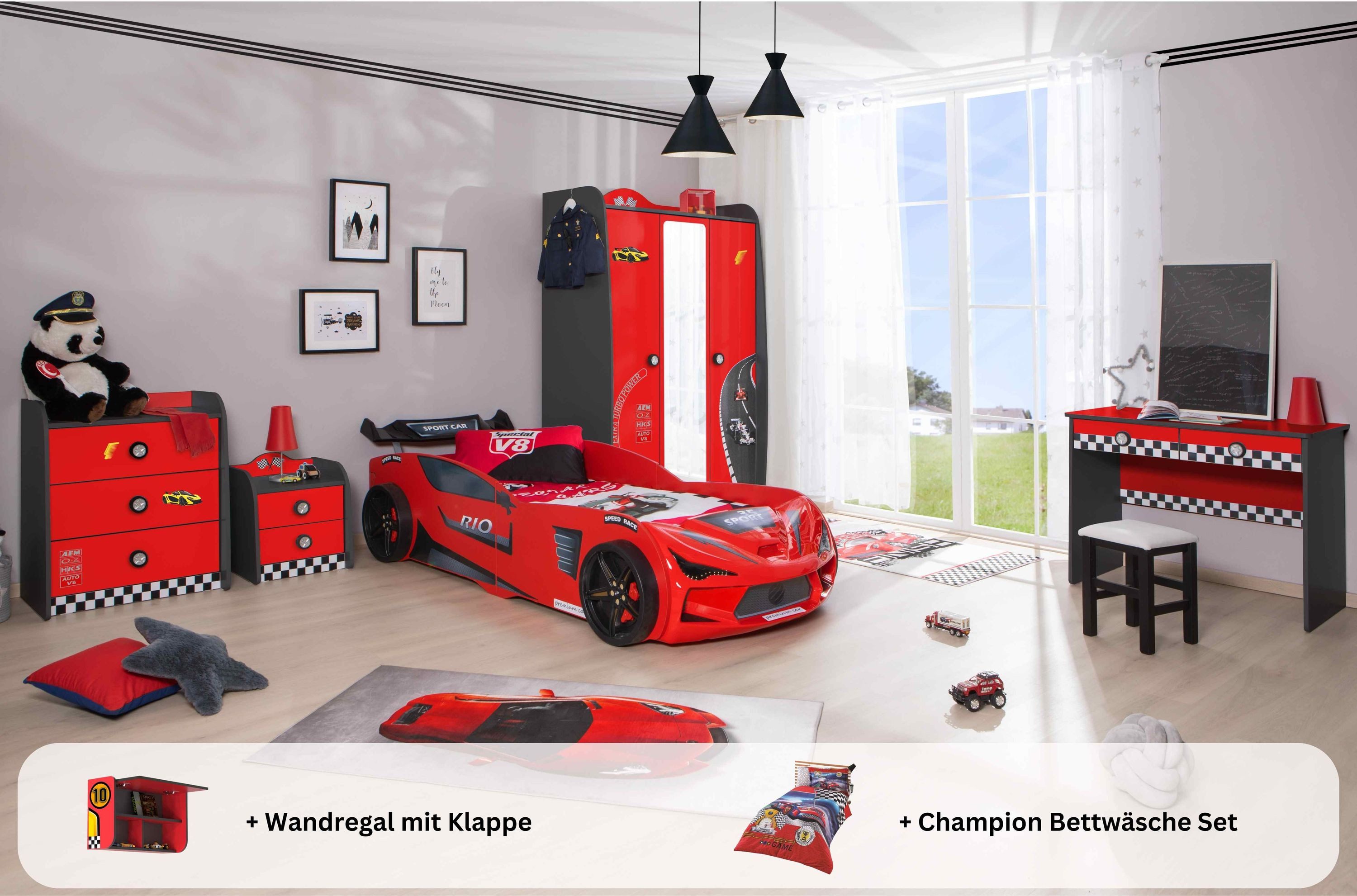 Aileenstore Jugendzimmer-Set Rio, (5-tlg., 5 teilig), Komplettset 5 teilig mit Autobett Rio, LED, Spoiler, Softclose