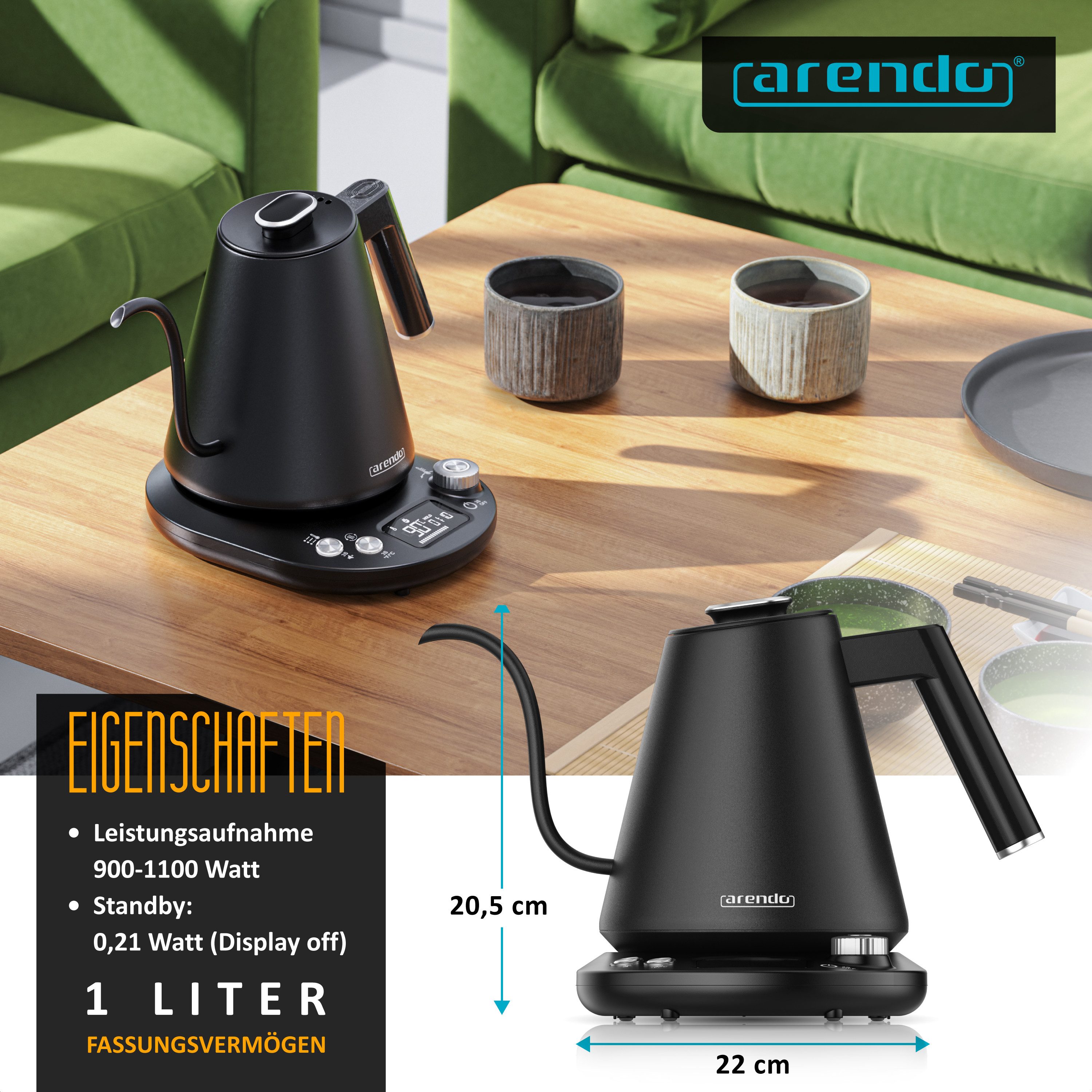 Arendo Wasserkocher aus Edelstahl, Temperatureinstellung 40°–100°C mit Basis & Anzeige, 1,0 l, 1100 W, kompakt, Reisewasserkocher, Teekocher Temperaturanzeige,  – Bild 3 von 5