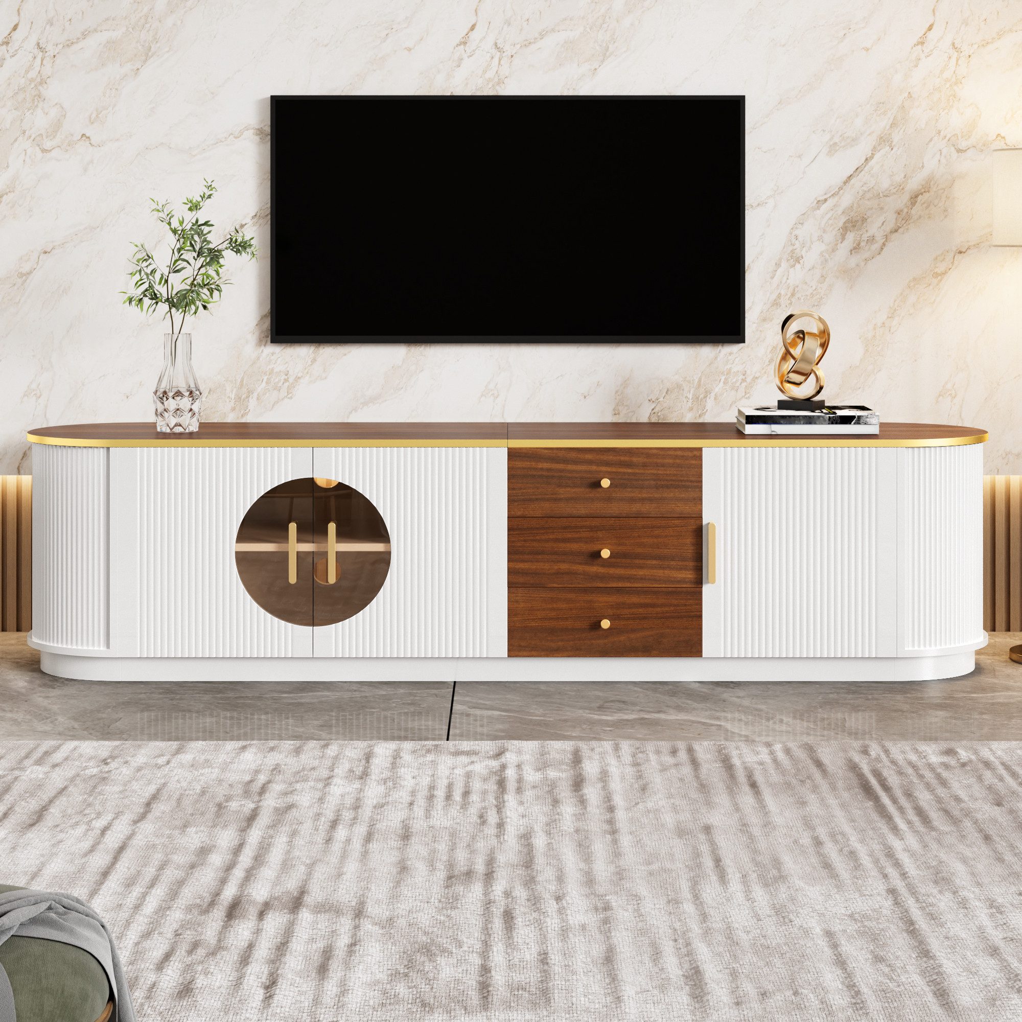 STILVORA Lowboard TV-Schrank mit Schubladen TV Element in vertikale Rillenoptik (3 Türen, 3 Schubladen, Glasdetails, Aluminiumgriffe, Lowboard, MDF-Rahmen, braunes Glas, abgerundet, kratzfest, stabil), für Wohnzimmer, TV-Bereich und gehobene Wohnräume