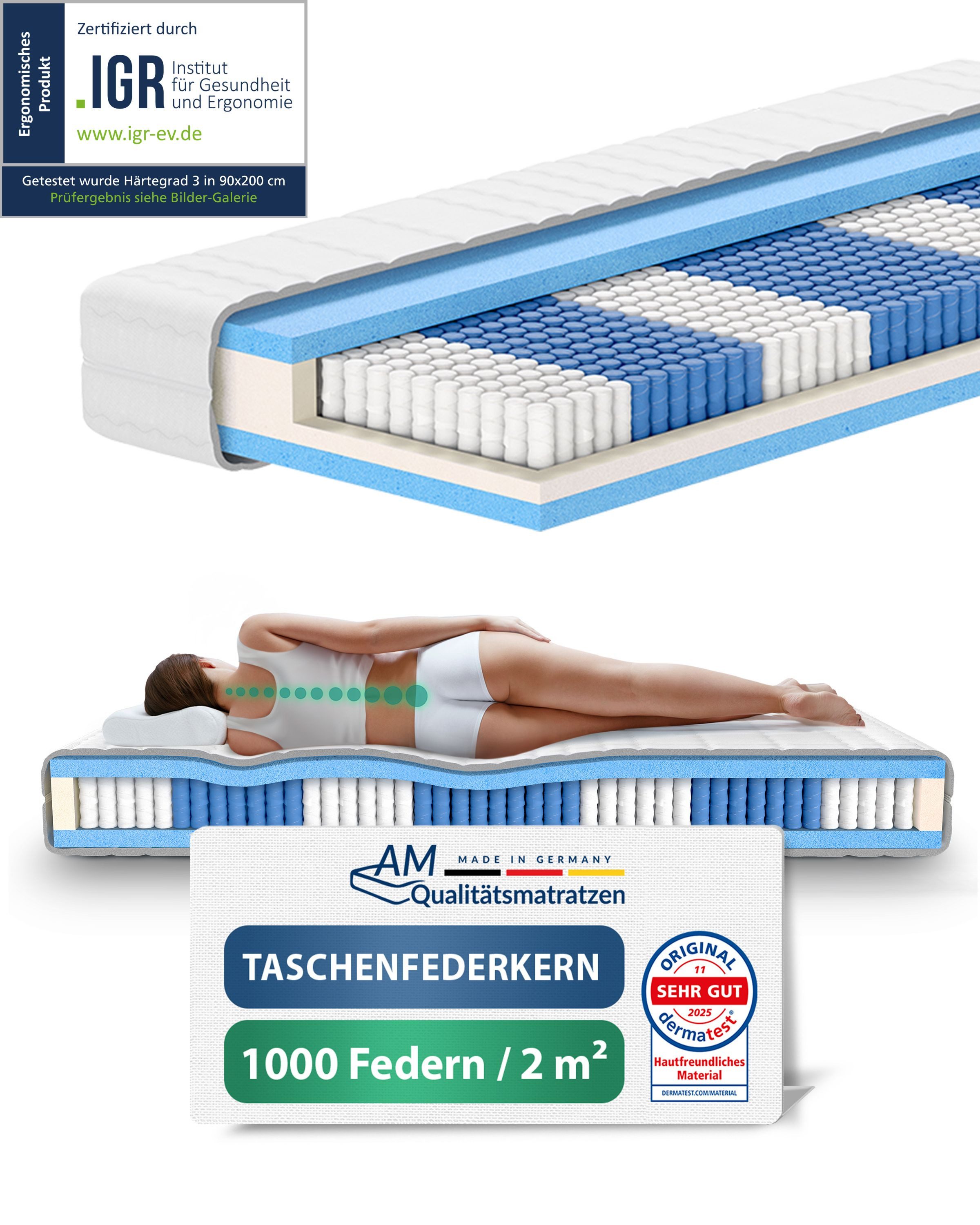 Taschenfederkernmatratze 1000 Federn, 7-Zonen Federkernmatratze, Besonders Anpassungsfähig, AM Qualitätsmatratzen, 24 cm hoch, 80x200 cm