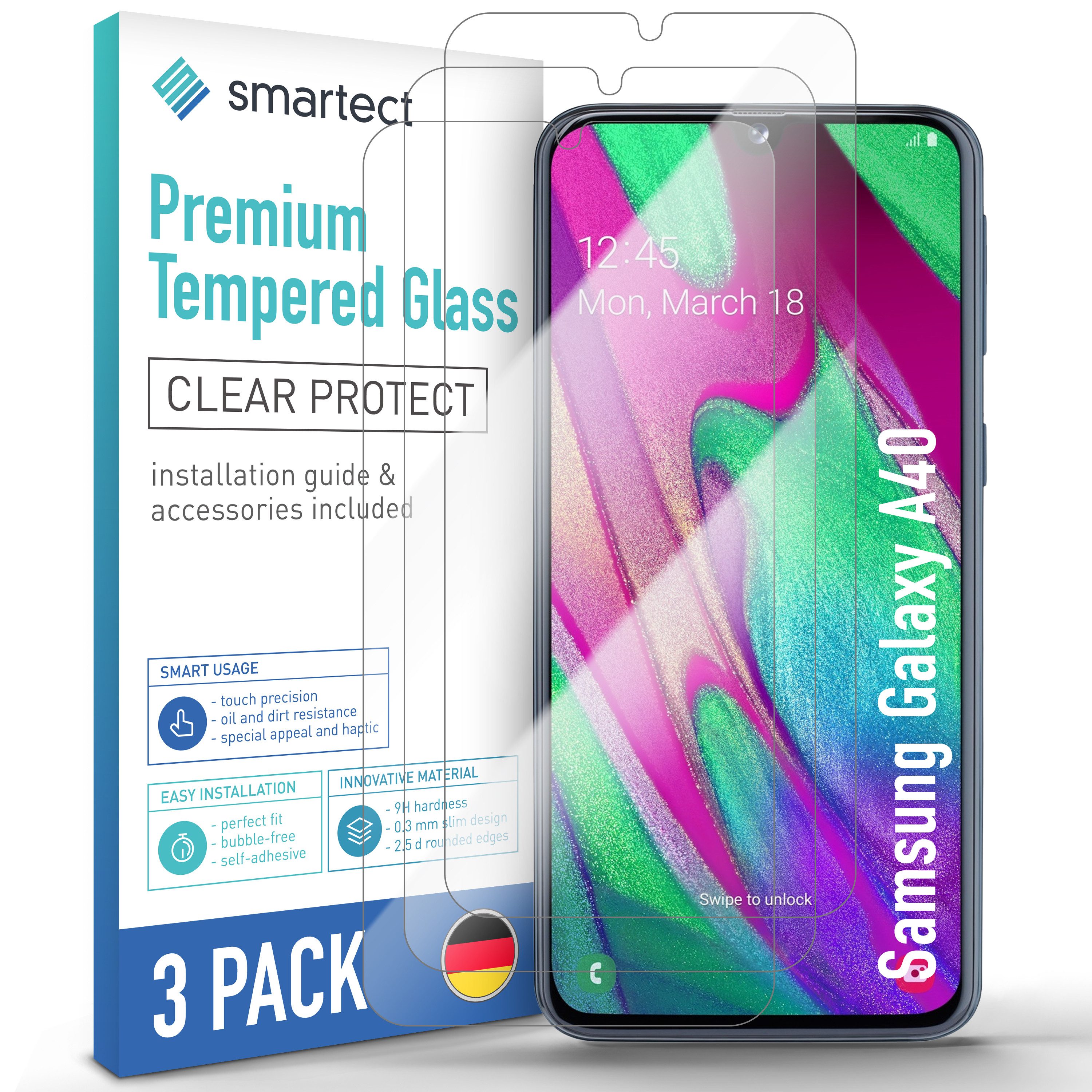 smartect Displayschutzglas Schutzglas Panzerfolie Klar für Samsung Galaxy A40, Set, 3 Stück, Schutzfolie Glasschutz Bildschirm