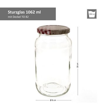 MamboCat Einmachglas 12er Set Rundglas 1062 ml To 82 Holz Herz rot Deckel incl. Rezeptheft, Glas