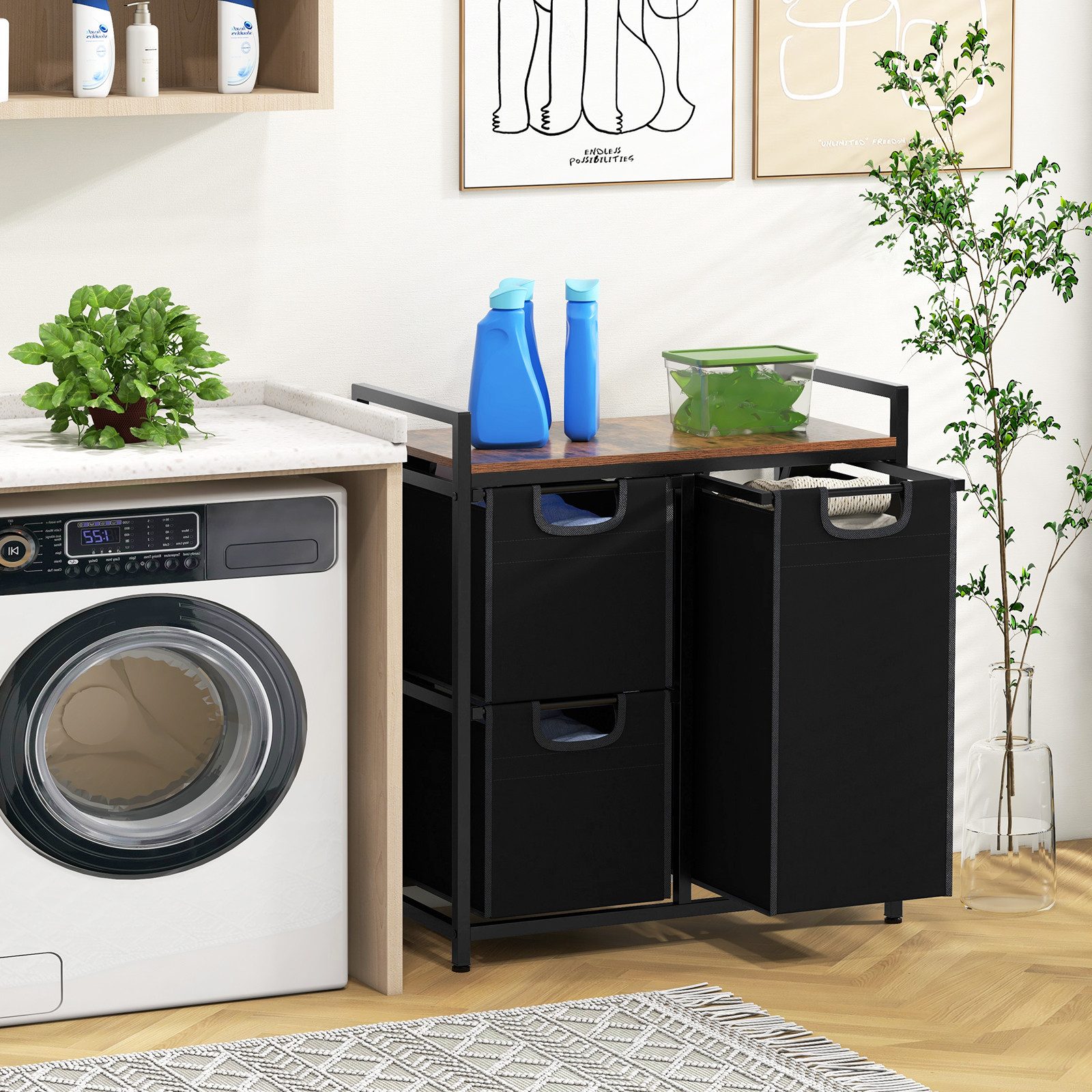 COSTWAY Wäschekorb, 2 Fächer, Wäschesammler mit Ablage & abnehmbaren Tasche günstig online kaufen