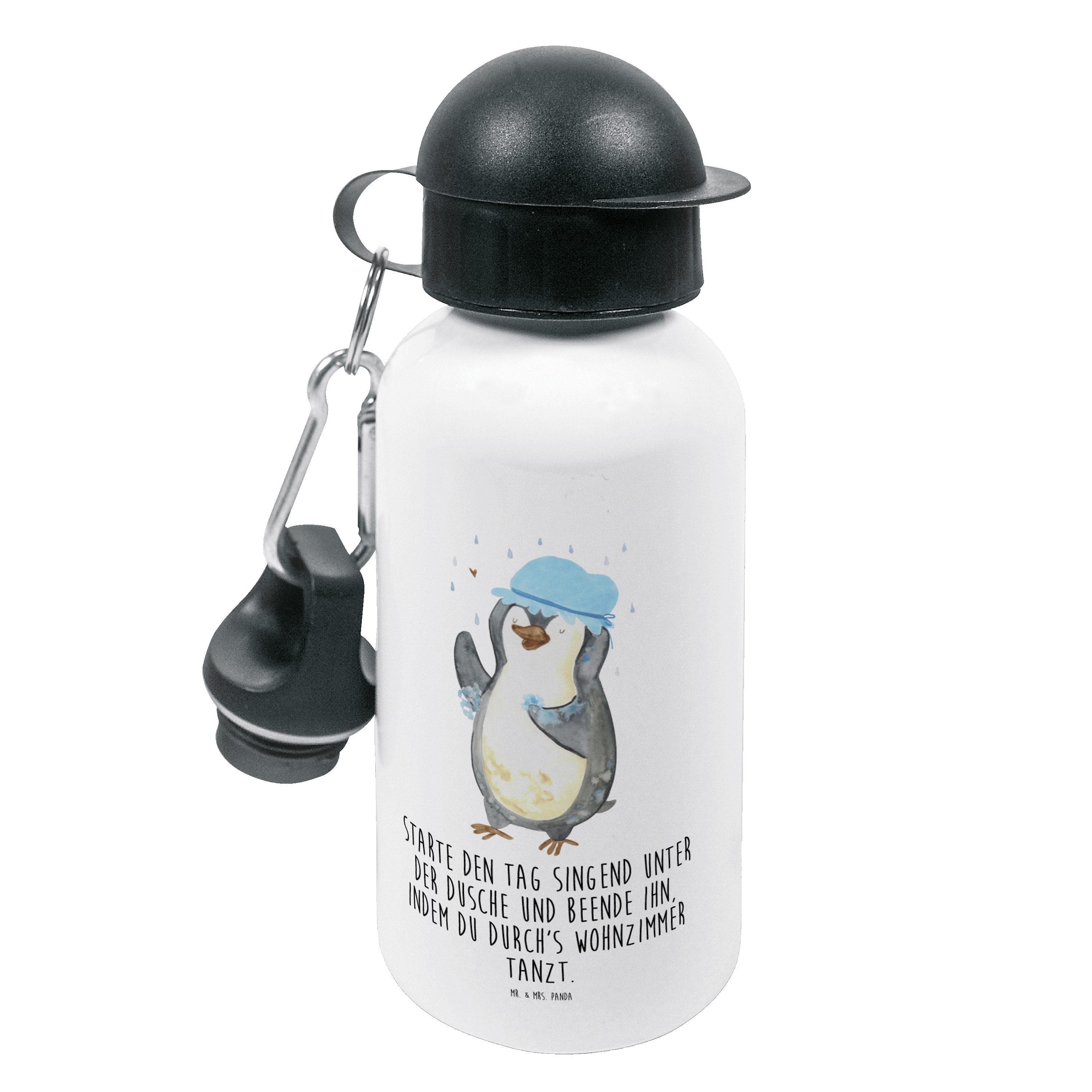 Mr. & Mrs. Panda Trinkflasche Pinguin duscht - Weiß - Geschenk, glücklich sein, Motivation, Dusche