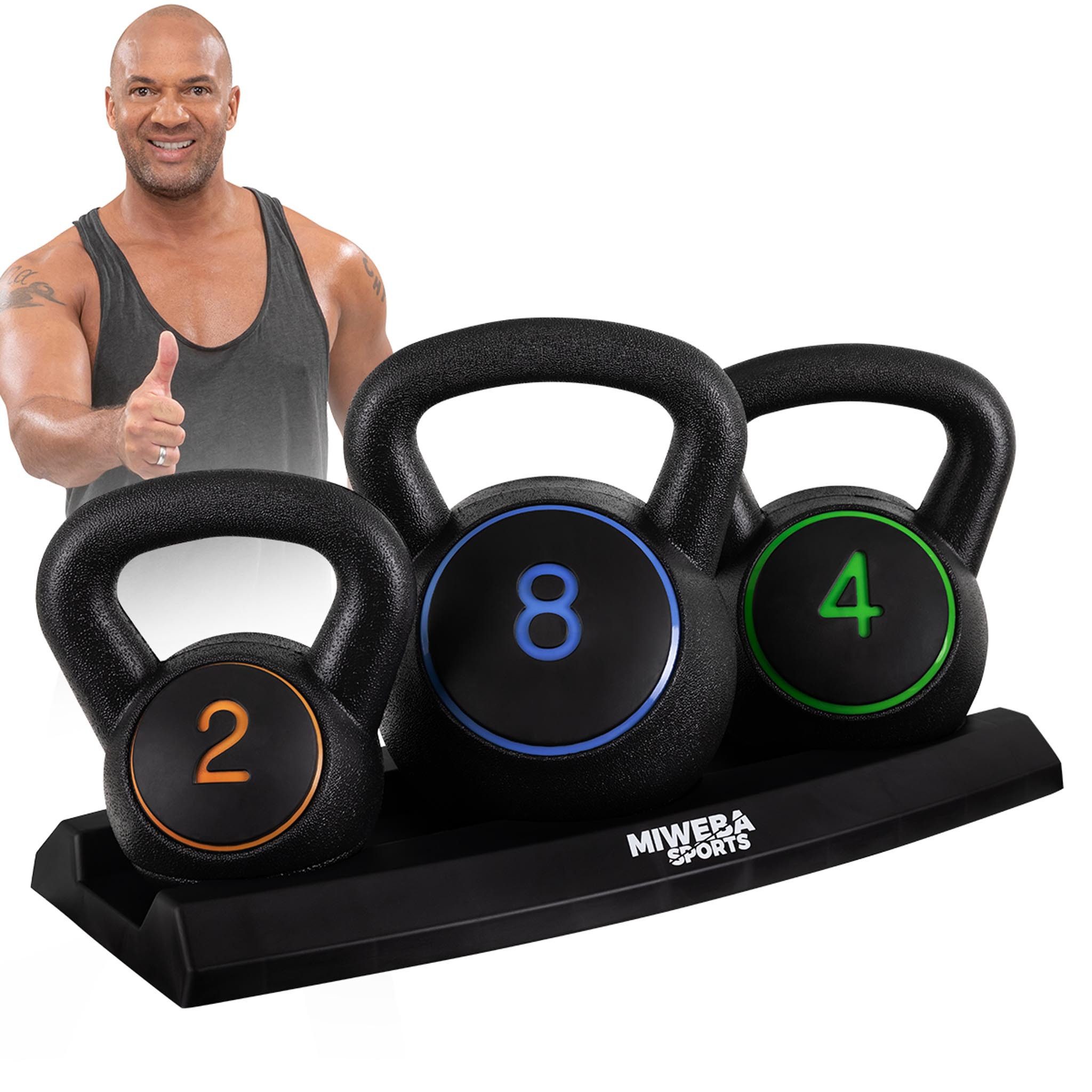 Miweba Sports Kettlebell Premium Kettlebell Set inkl. Ablage, 2/4/8 Kg, (Schwunghantel - Hantelset Indoor & Outdoor - Krafttraining Workout Kugelgewicht Übungsseil, Total 14Kg, 2/4/8Kg), Fitness Seil Kurzhantel Hanteln Gewichte Kugelhantel Beton