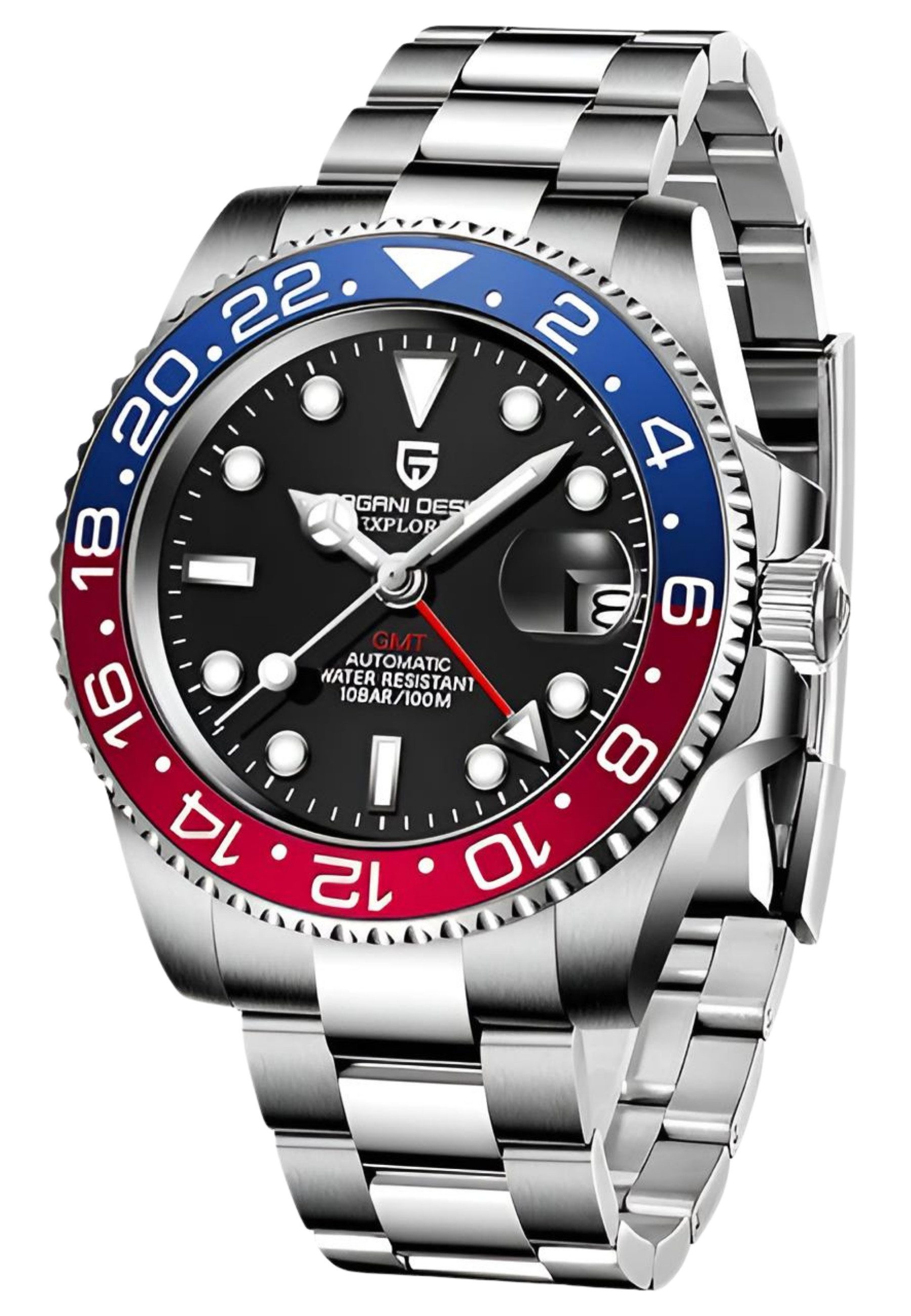 S&T Design Automatikuhr Herren Uhr Edelstahl Armbanduhr Herrenuhr GTM Drehbare Lünette, (inkl. Geschenkbox, mit Armbandkürzer), 40 mm Männer Uhr Saphirglas 100M Wasserdicht Mechanisch Datum Lupe