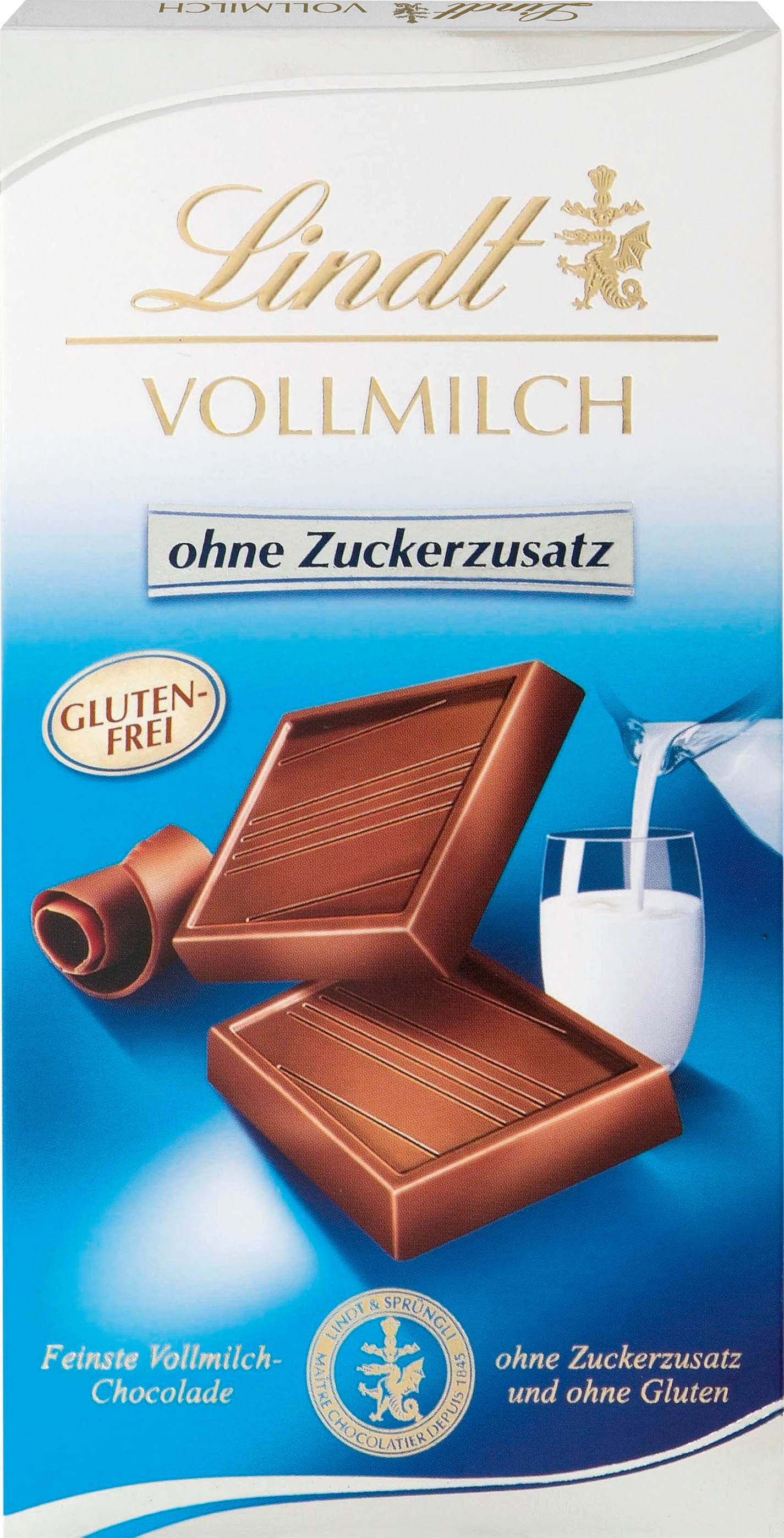 LINDT Schokolade 100g Vollmilch ohne Zuckerzusatz Tafel Schokolade Glutenfrei, 1 x 100 g, 1 St.
