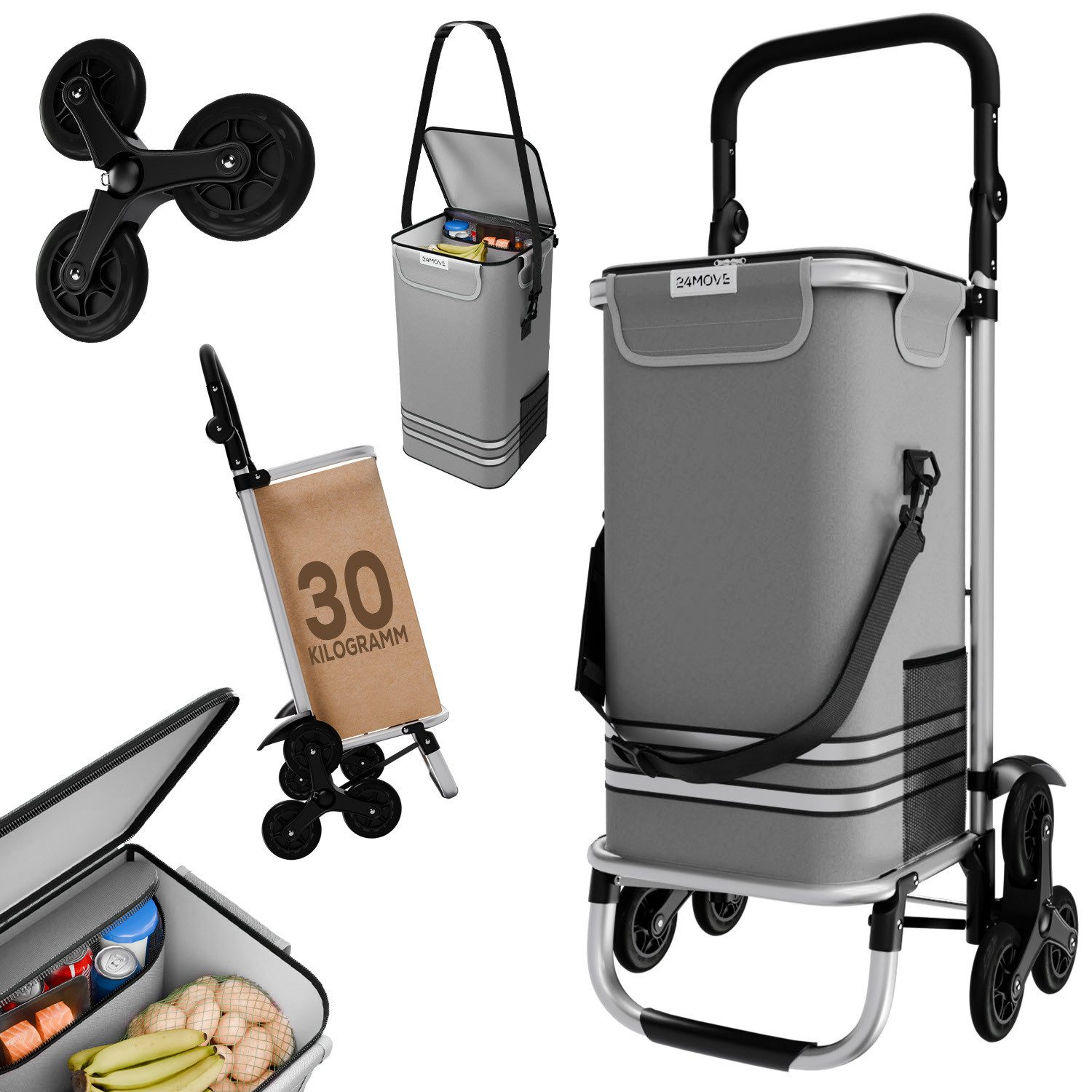 24Move Einkaufstrolley Einkaufstrolley mit 55L, 3in1 Sackkarre und Tasche, klappbar, Sternrad, Handwagen inkl. Kühlfach