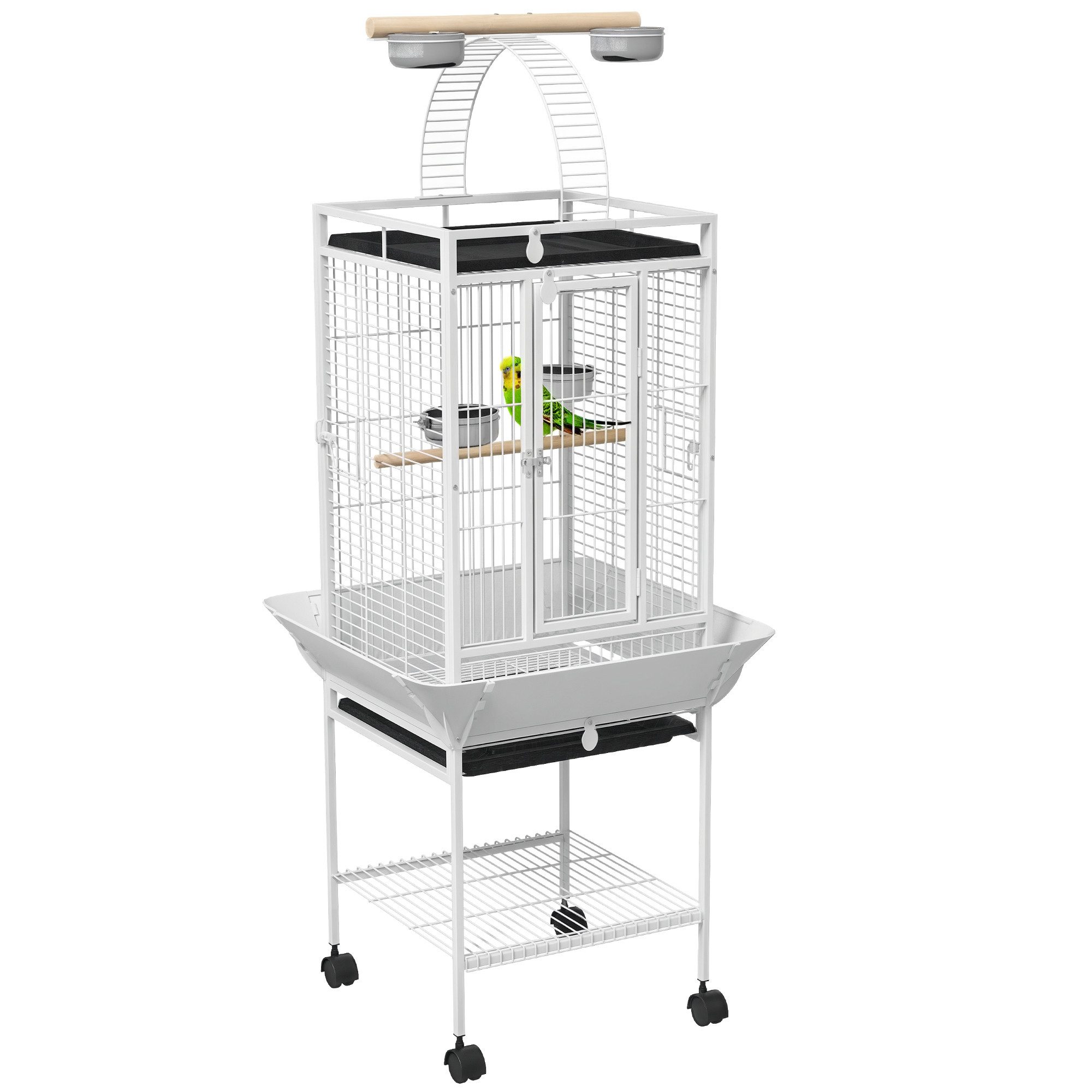 PawHut Vogelkäfig Papageienkäfig mit 3 Türen, 2 Sitzstange, 360° Rollen, Futternapf, Stahl Voliere für Nymphensittiche, 62,5x62,5x156cm, Weiß