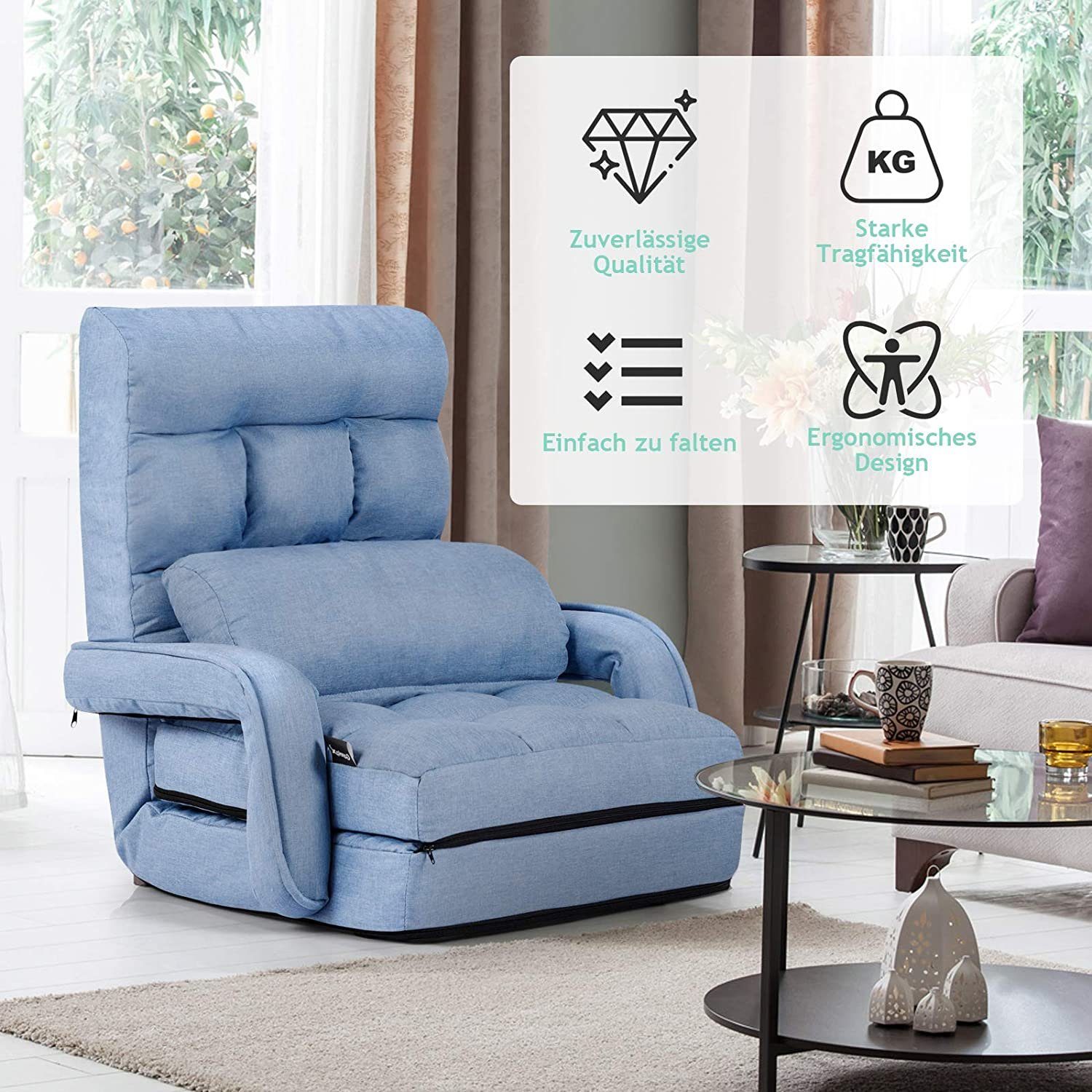 KOMFOTTEU Schlafsofa Klappsessel Bodenstuhl, mit Armlehnen und Kissen,aus B günstig online kaufen