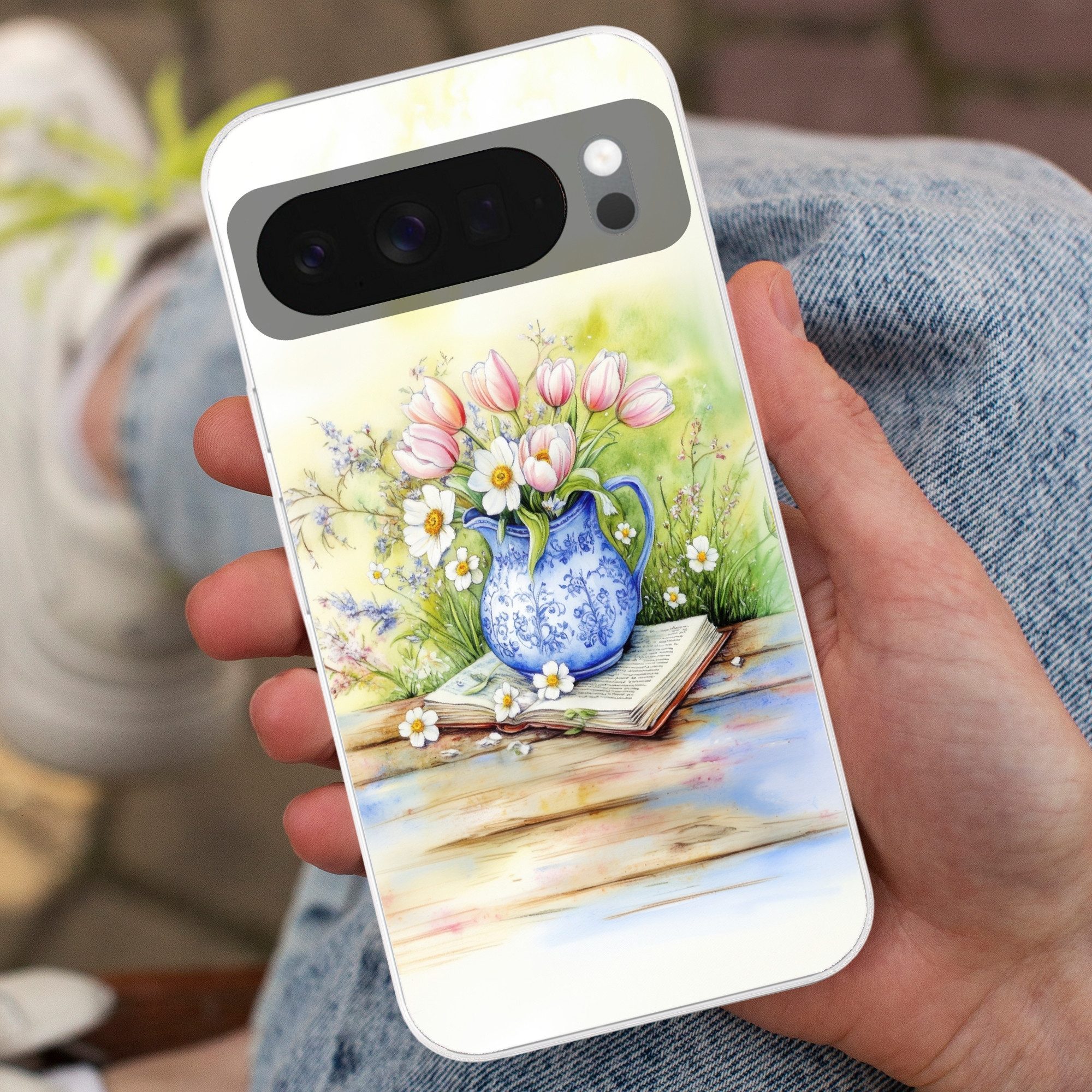 MuchoWow Handyhülle für Google Pixel 10 Vase - Delfter Blau - Gänseblümchen, Phone Case, Silikon, Schutzhülle Dünn