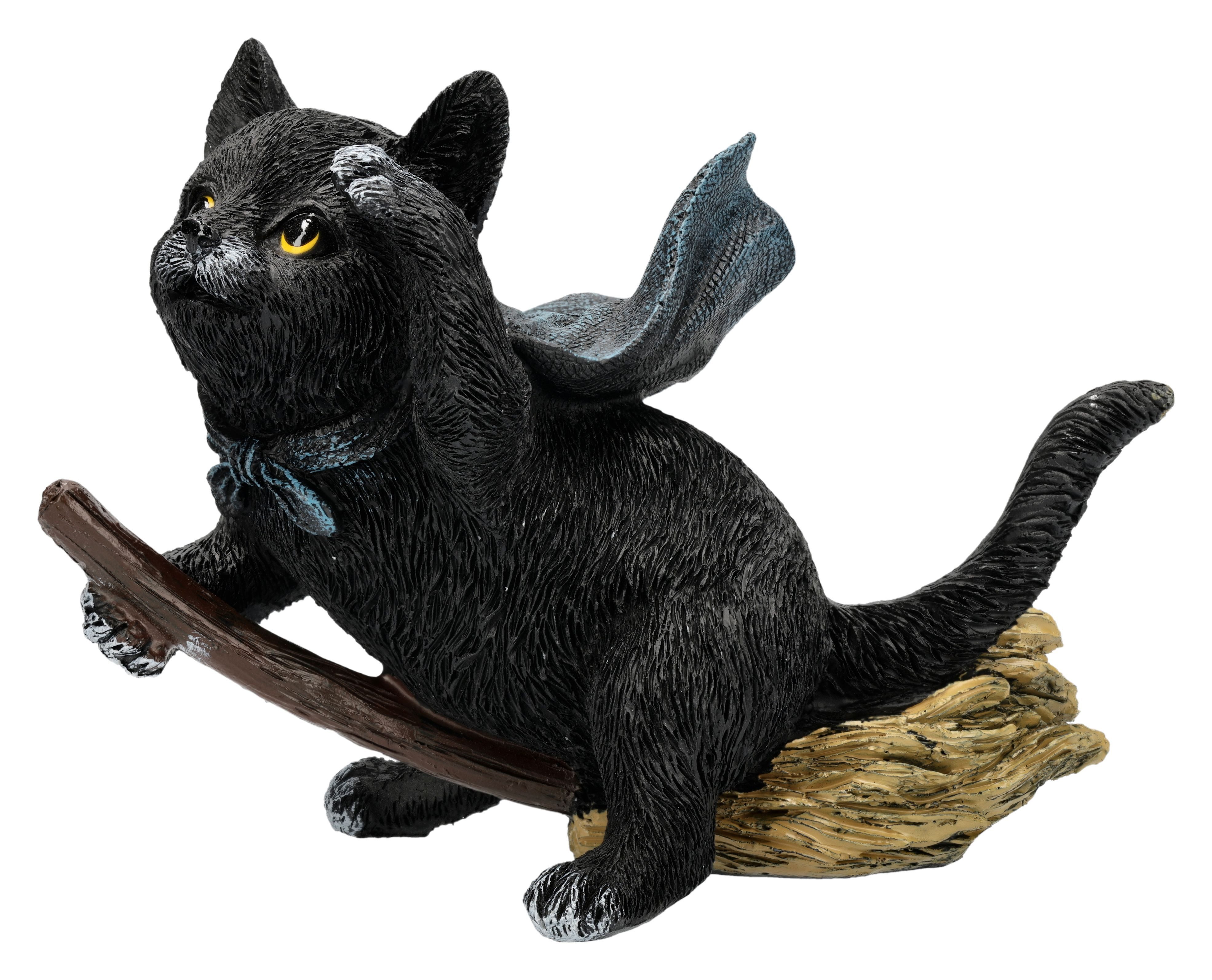 Figuren Shop GmbH Tierfigur Schwarze Hexenkatze Figur – Besenflug Fantasy Skulptur 10.5 cm Deko