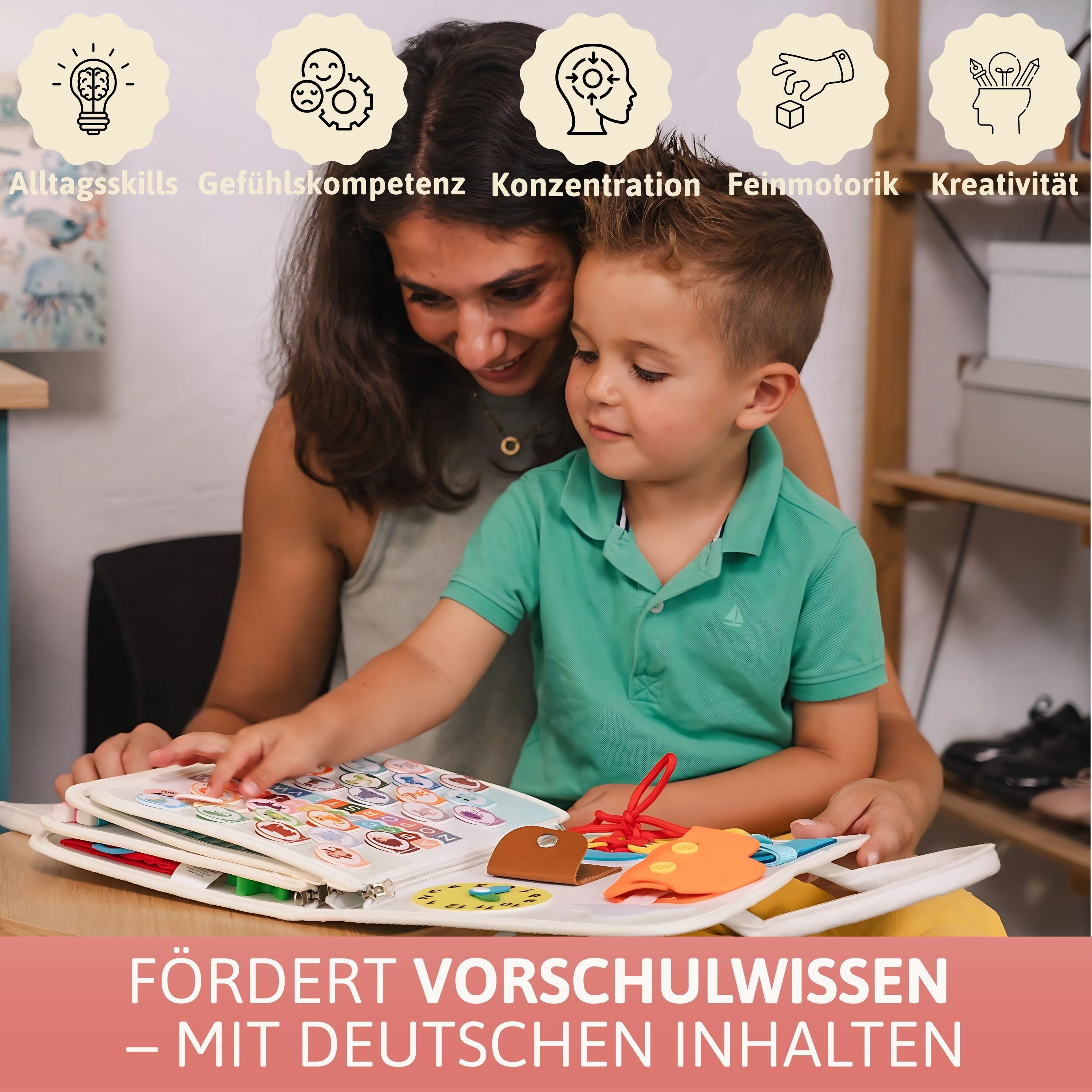 Lions Collection Lernspielzeug Busy Board Deutsch - vernäht - Montessori Spielzeug - Motorikmappe – Bild 3 von 5