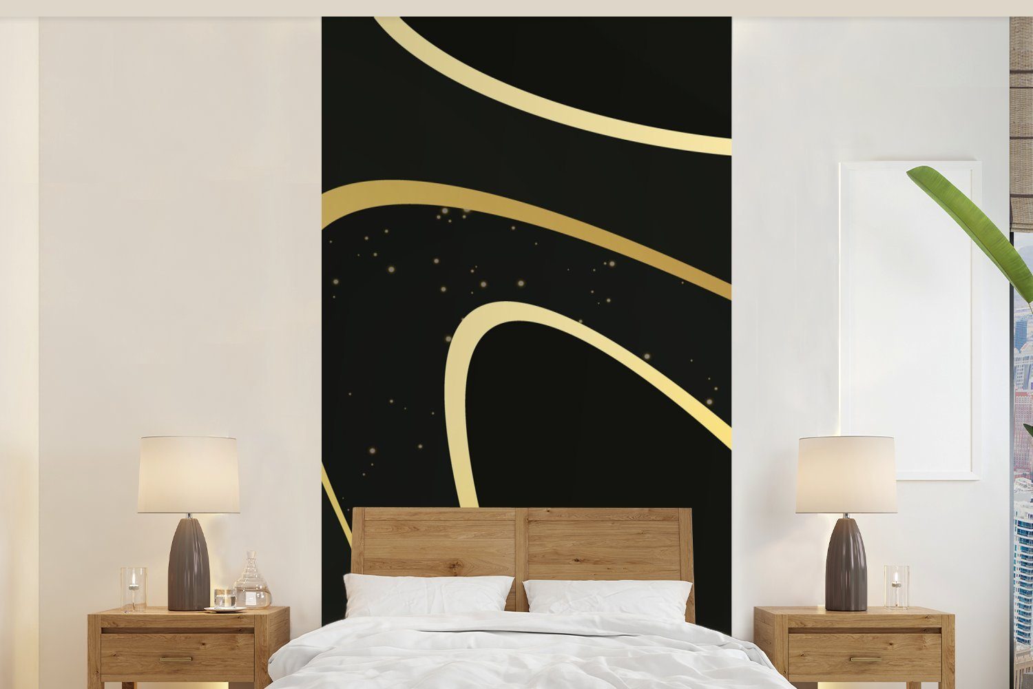 MuchoWow Fototapete Goldene Wellen auf schwarzem Hintergrund, Matt, bedruckt, (2 St), Vliestapete für Wohnzimmer Schlafzimmer Küche, Fototapete | Fototapeten
