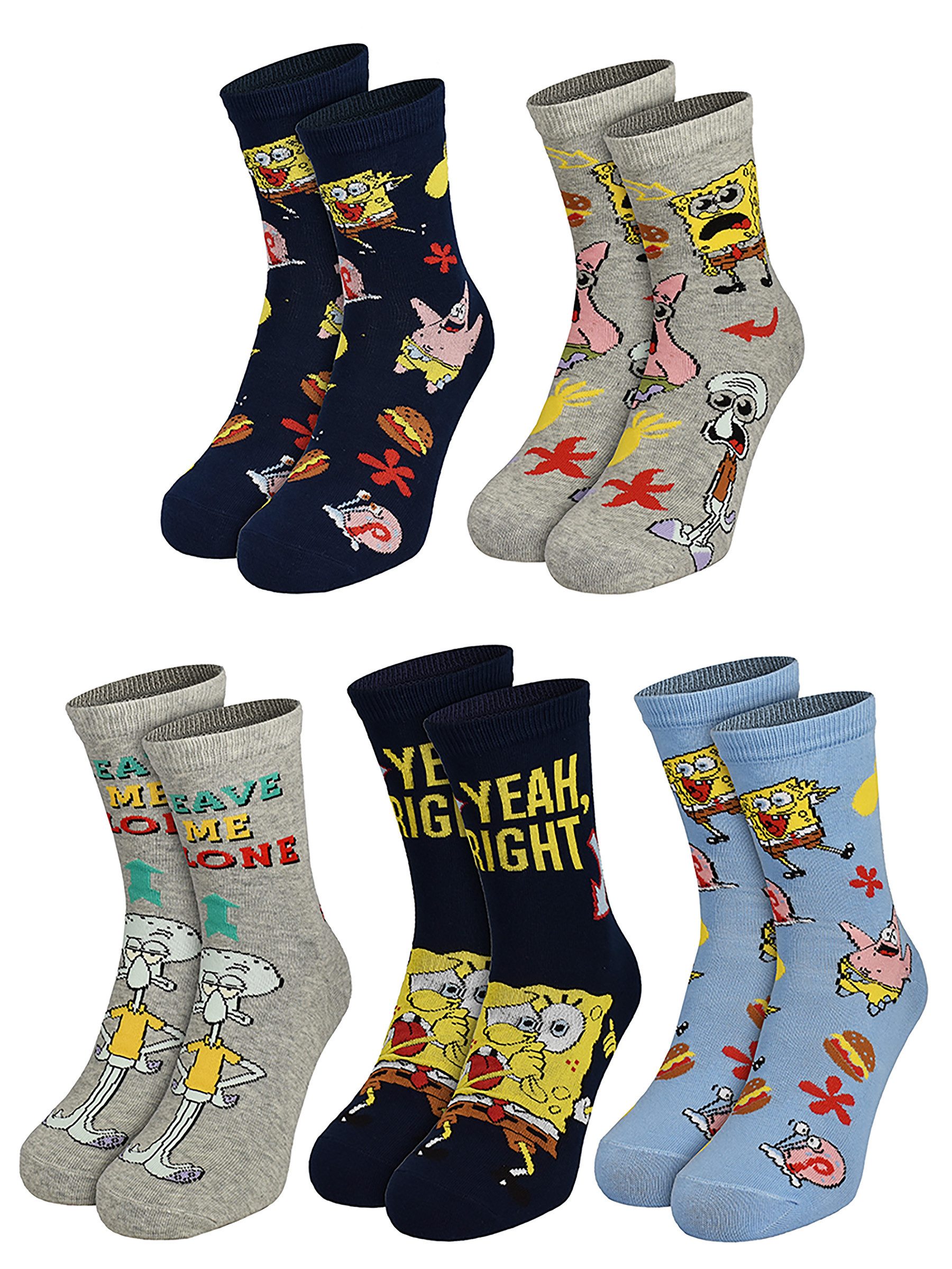 United Labels® Socken Spongebob Schwammkopf-Motive (Mehrpack, 5 Paar Socken) 5 Paar mit unterschiedlichen Designs