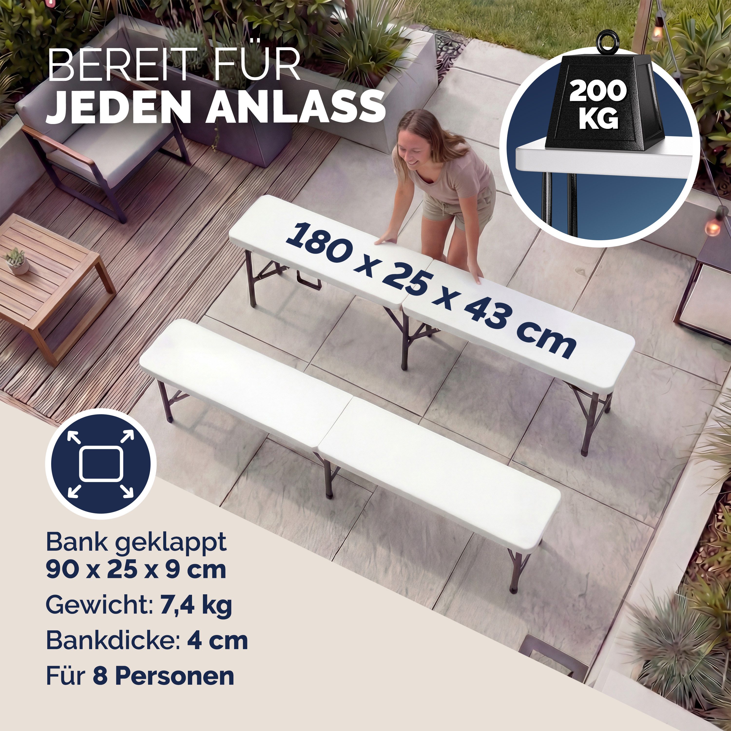 Casaria Gartenbank (2-St), 2er Set Bierbank Klappbar Kunststoff 8 Personen Tragegriff