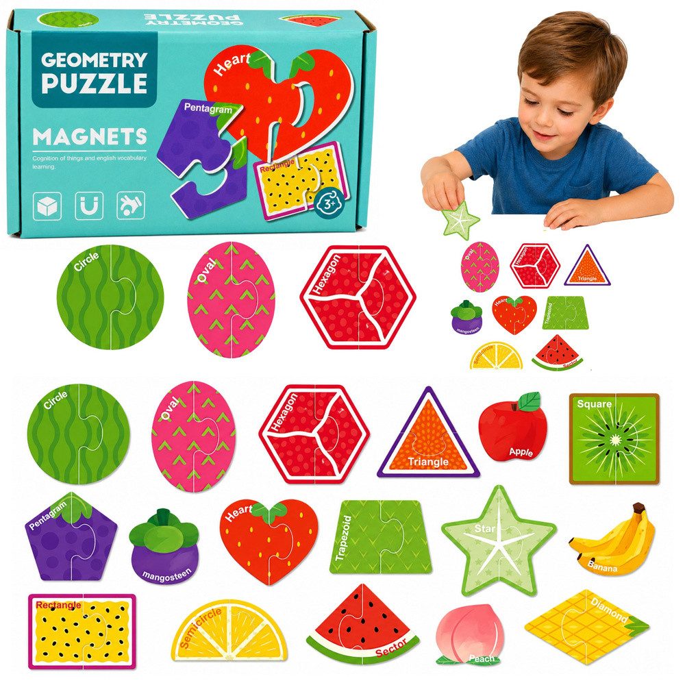 LEAN TOYS Puzzle Magnetpuzzle Lernspielzeug Kühlschrankmagnete, 30 Puzzleteile, magnetisch, 30 Teile, Früchte & Formen, Lerneffekt