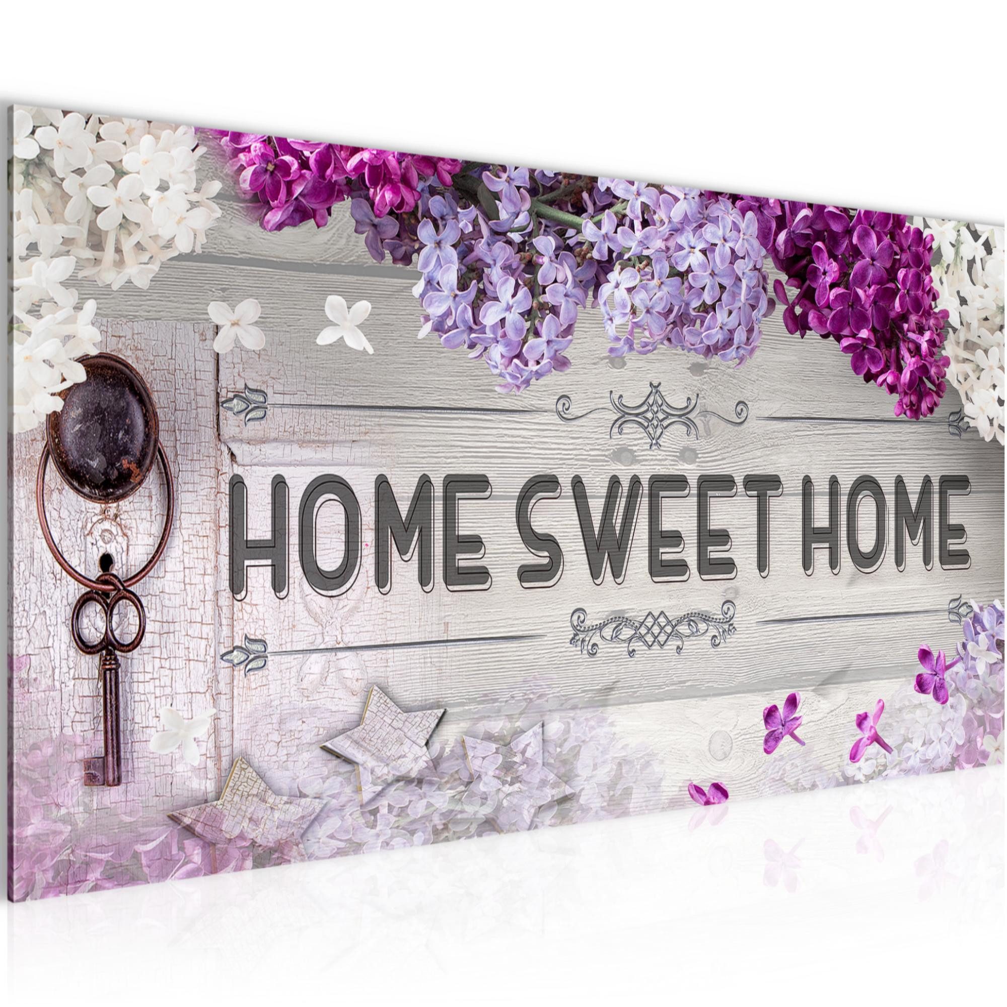 Runa Art Wandbild Home Sweet Home Bild auf Vlies Leinwand Flieder Violett Lila 5037, 100L x 40B cm