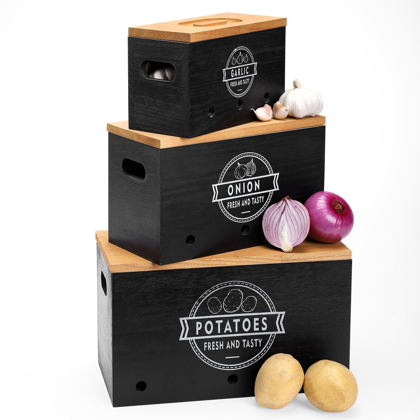 Relaxdays Aufbewahrungsbox 3er Set - Kartoffeln, Zwiebeln, Knoblauch | Metall Vorratsdosen Mit Bambusdeckel