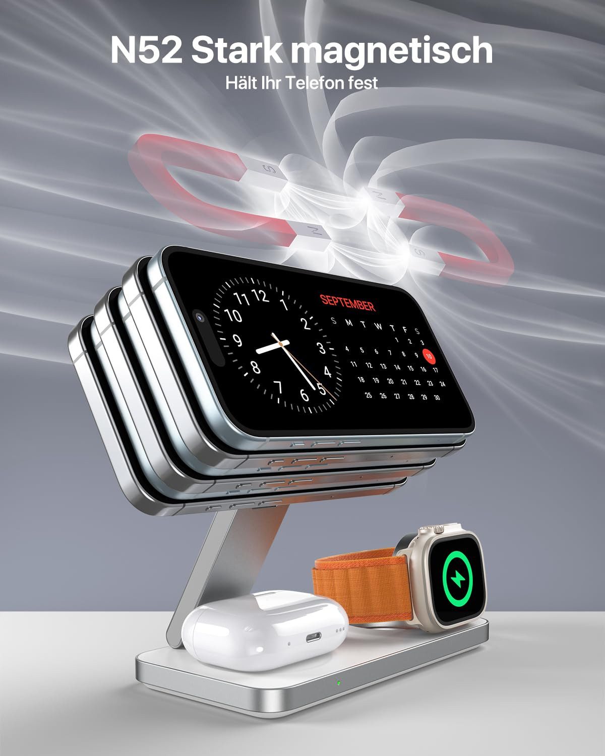 AIBISTAR 3 in 1 Ladestation für Apple Watch iPhone, MagSafe kompatibel, Faltbar Induktions-Ladegerät (3000 mA, Wireless Charger,für iPhone 12-16,Apple Watch Ser – Bild 4 von 5