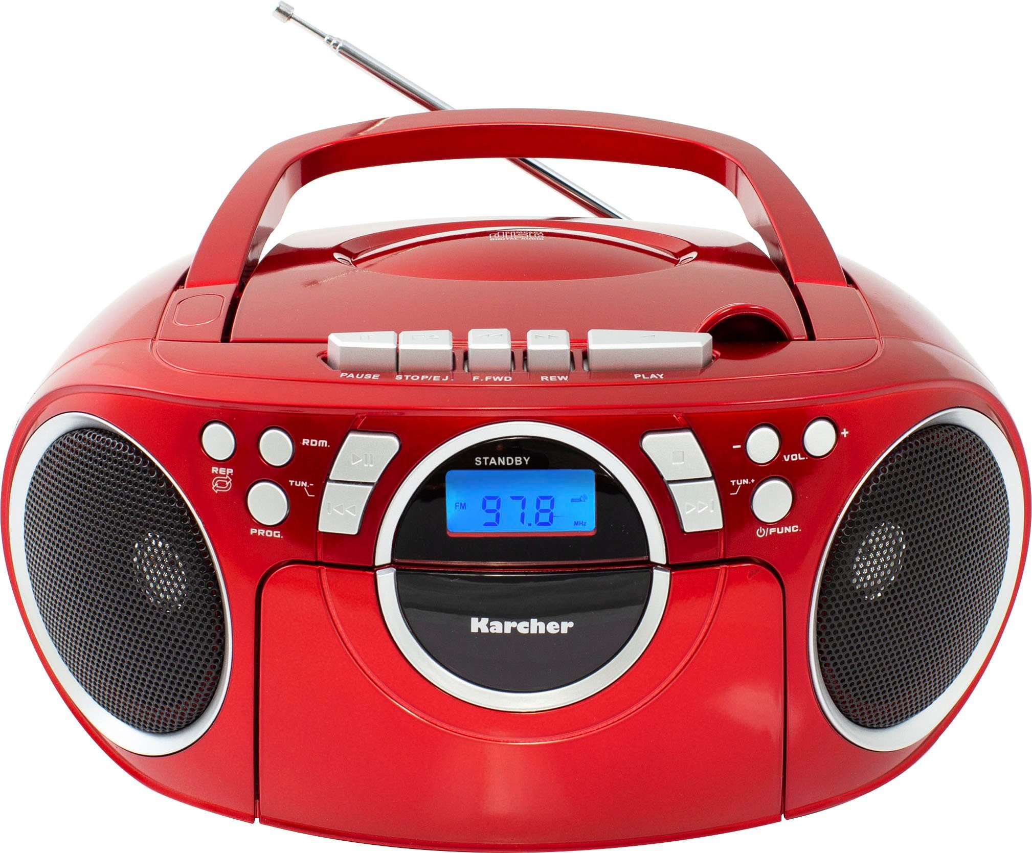 Karcher RR 5042-R Boombox (FM-Tuner, UKW mit RDS, 3 W, CD-Player, Kassettenplayer, AUX-Anschluss, tragbares Radio)