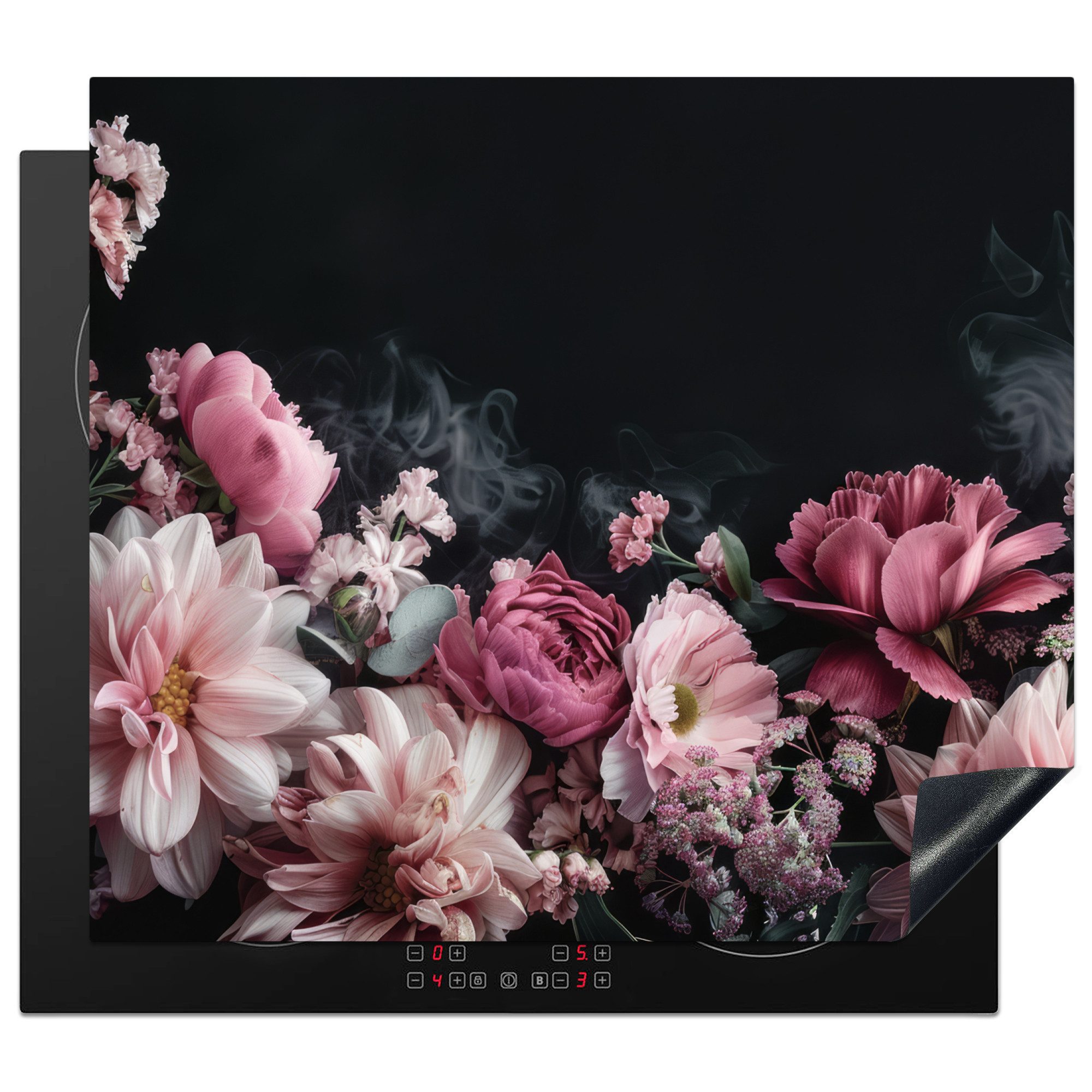 MuchoWow Herd-Abdeckplatte Blumen - Rosa - Natur - Schwarz, Vinyl, (1 tlg), Herdabdeckplatte für die Küche, einteilig, 60x50 cm