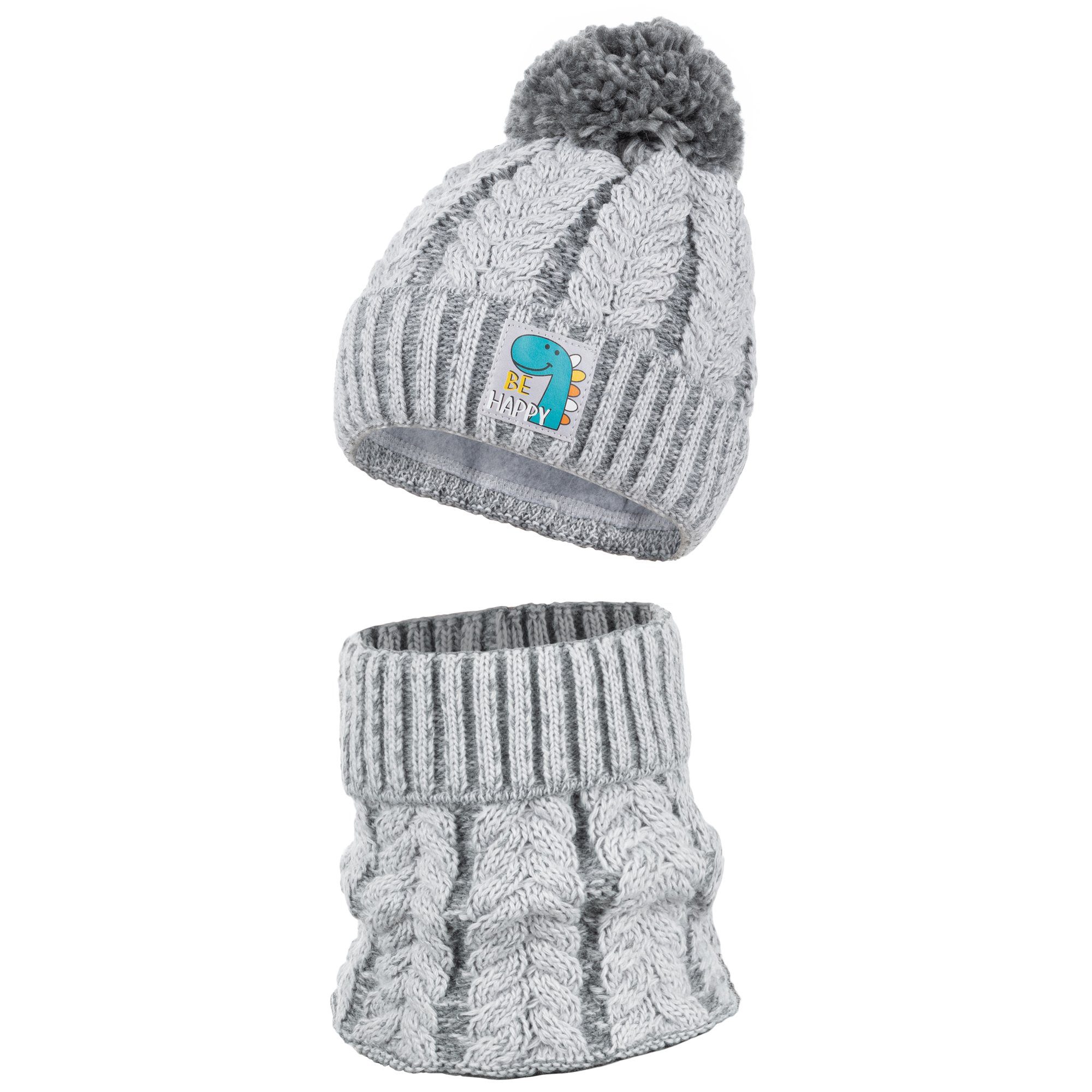 AJS Mütze & Schal Wintermütze Strickmütze Strickschal Bommelmüte