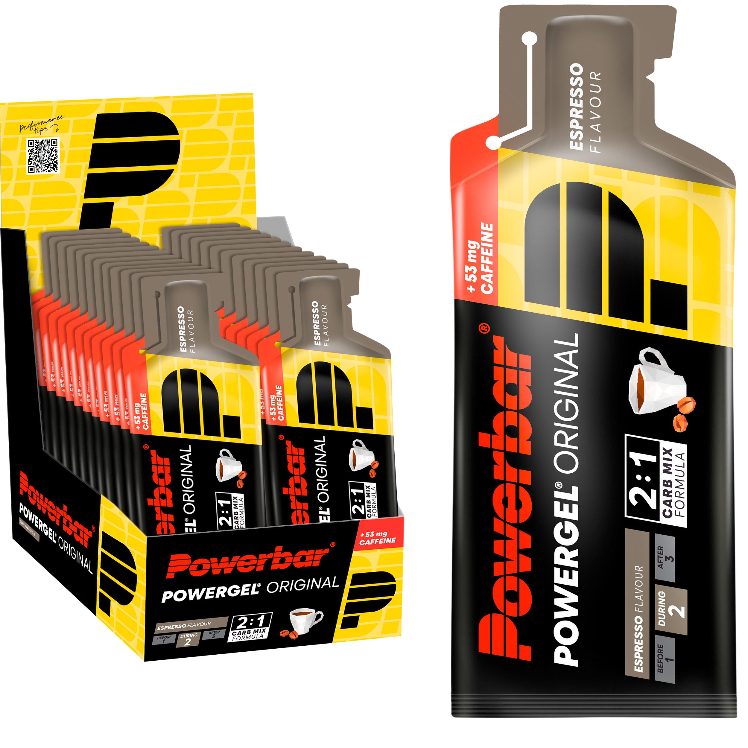 PowerBar PowerGel Fruit Espresso High Carb Energie Gel Natrium Koffein 24x41g Gel, Packung à 24 St., 53 mg Koffein pro Beutel