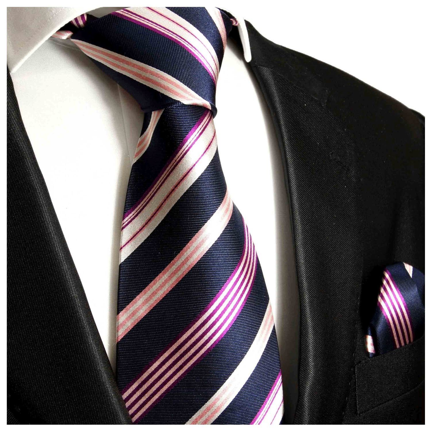 modern 608 Paul Einstecktuch) gestreift 100% Seidenkrawatte (Set, Seide mit Herren Tuch mit 2-St., Krawatte dunkelblau (6cm), Krawatte Malone pink Schmal