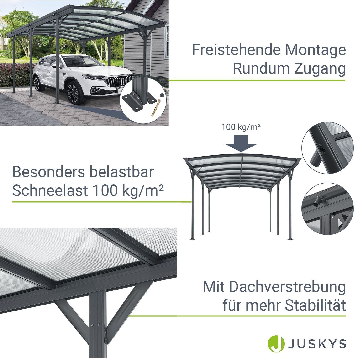 Juskys Einzelcarport Unterstand mit gebogenem 302x505 x 3 226 cm, Schneelast hohe Einfahrtshöhe, Schutz, Wind 5 Bogendach mit UV BxT: und Dach cm m