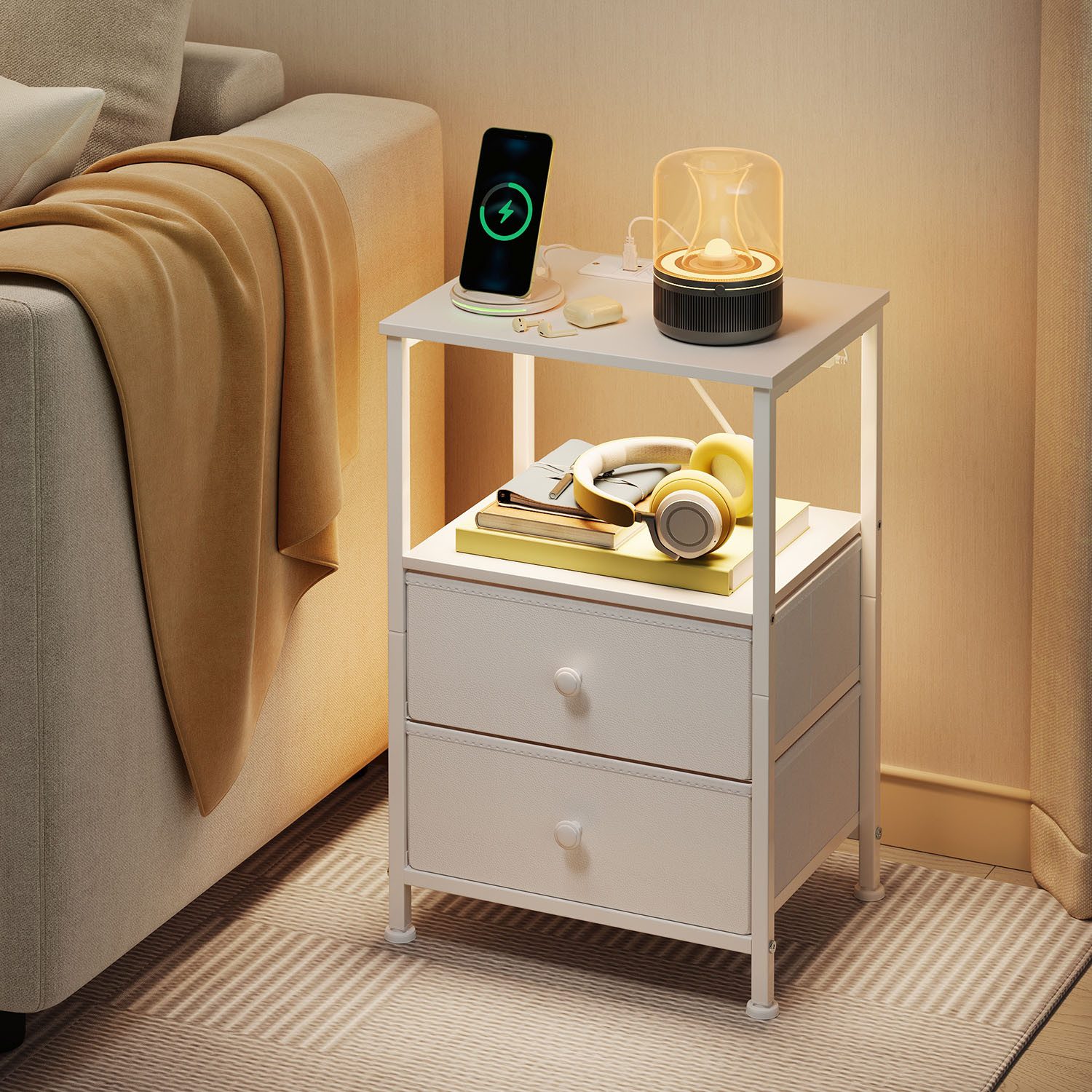 Woltu Nachttisch (1-St), mit Steckdosen LED-Beleuchtung Schubladen, Beistelltisch