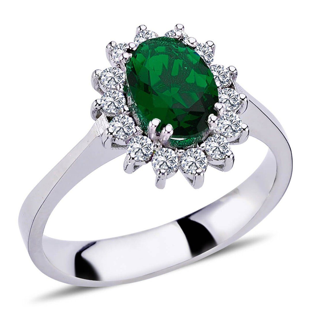 EinStein Diamant Diamantring Diamant Oval Smaragd Entourage Halo Ring 14 Karat Weißgold, Rubin, Diamantring, Damenring, Unbehandelter Diamant, Brillant-Schliff