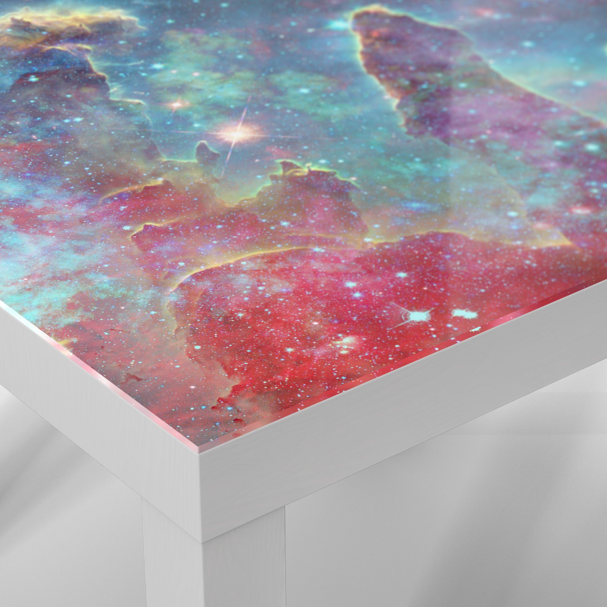 Couchtisch Glas Glastisch modern 'NASA Weiß Nebula Beistelltisch DEQORI Realaufnahme',
