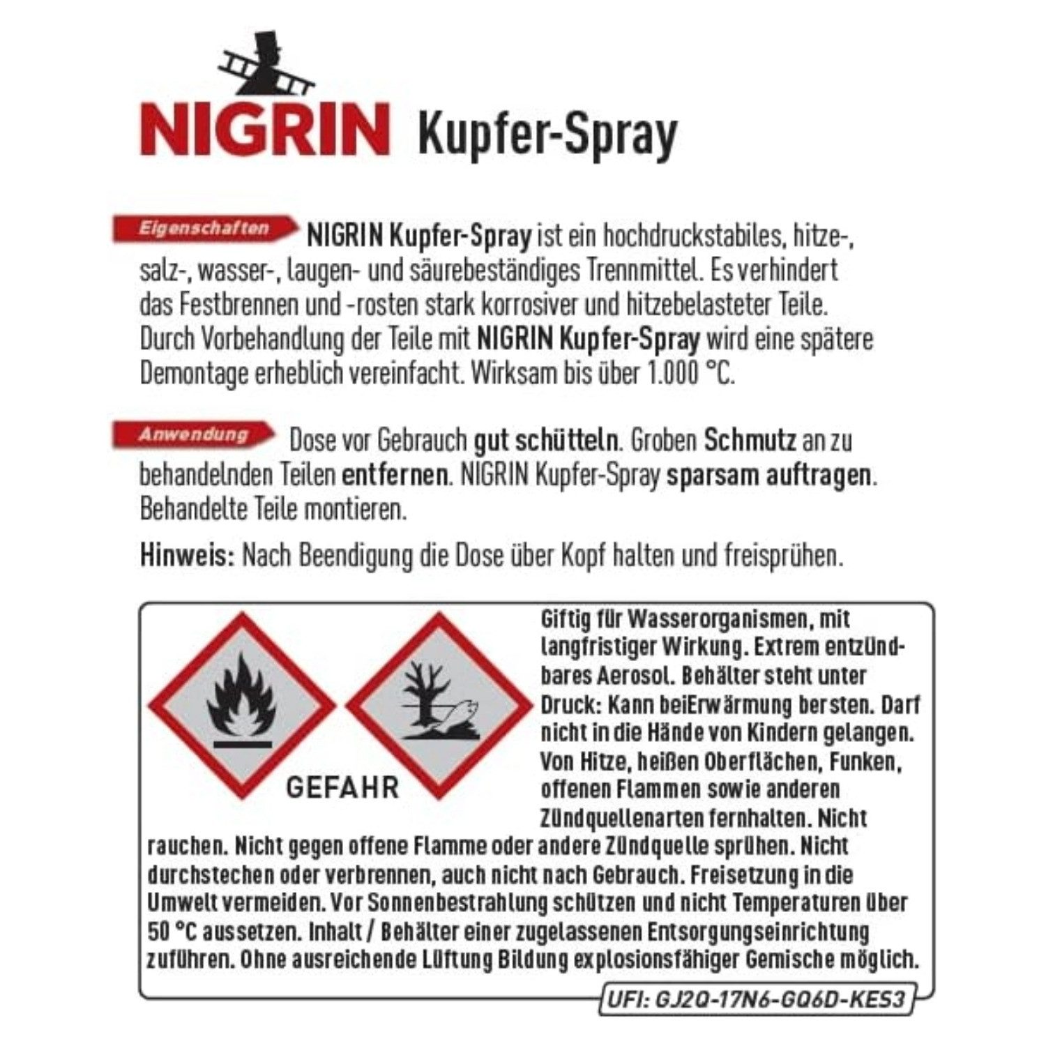 NIGRIN Multifunktionsöl Kupfer-Spray Trennmittel Schmiermittel Fett 500ml, 500 ml, (1-St., 1x 500ml Spruhdose), Trennrmittel Kupfer-Fett Hitzefest Säurebeständig Demontage 1000°C