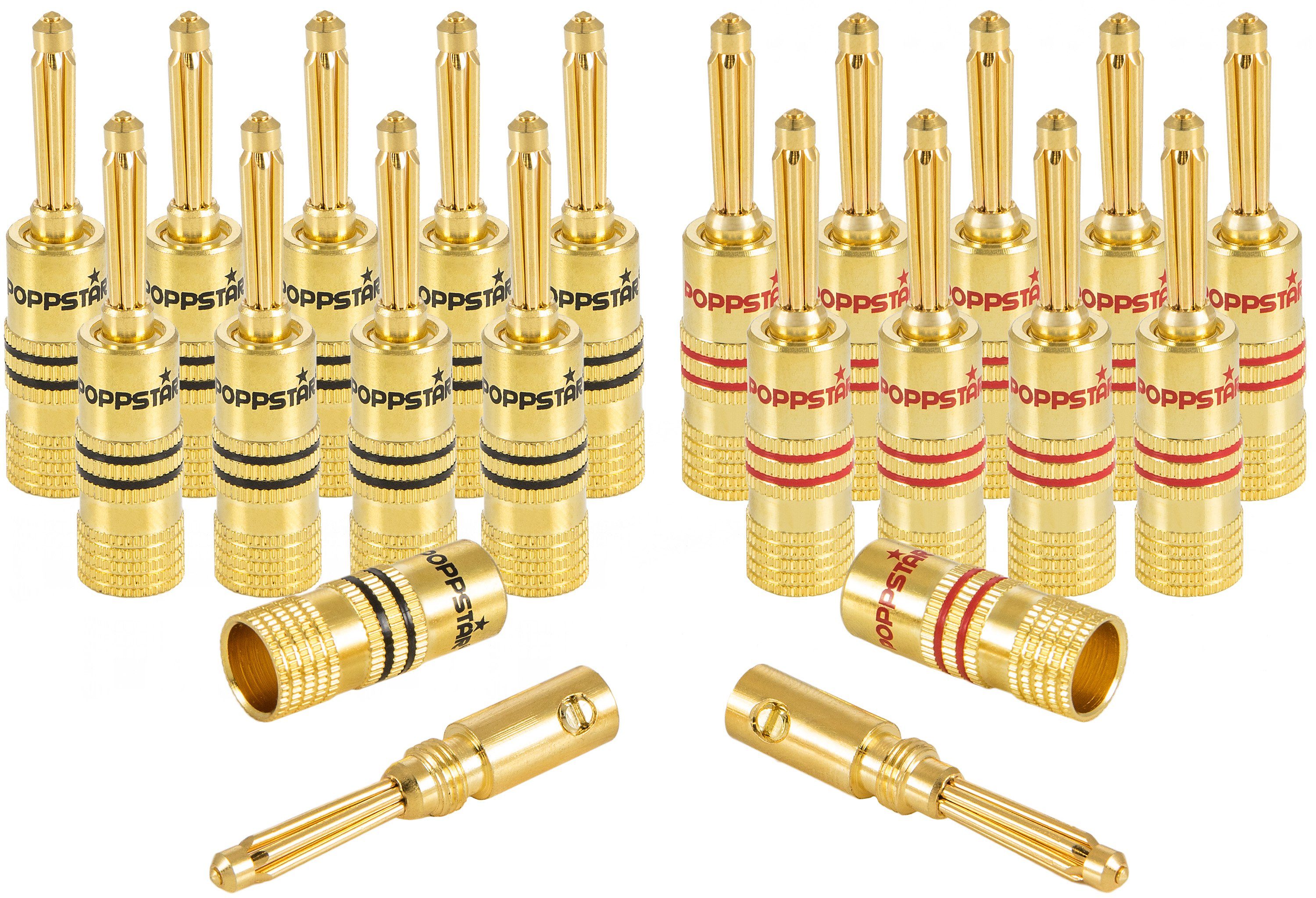 Poppstar Bananas für Lautsprecherkabel (bis 4 mm) Audio-Adapter High End Bananenstecker, für Lautsprecher, Boxen und AV Receiver, 24k vergoldet