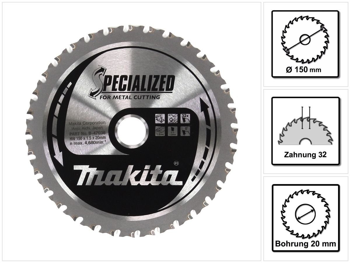 Makita Kreissägeblatt MCCS15032E Specialized Sägeblatt für Metall HW 150 x 20 x 1,5 mm 32 Z