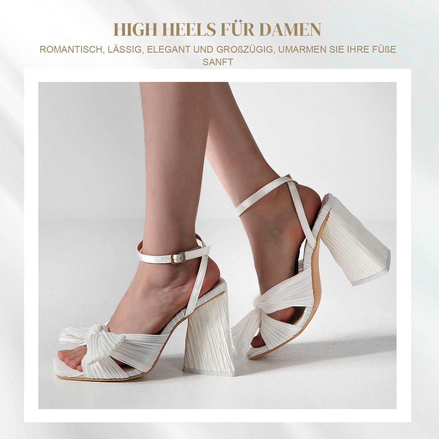 Daisred Damen High-Heel-Sandalette Riemchen Knöchelschnalle grober Sandalen Absatz Weiß Pumps